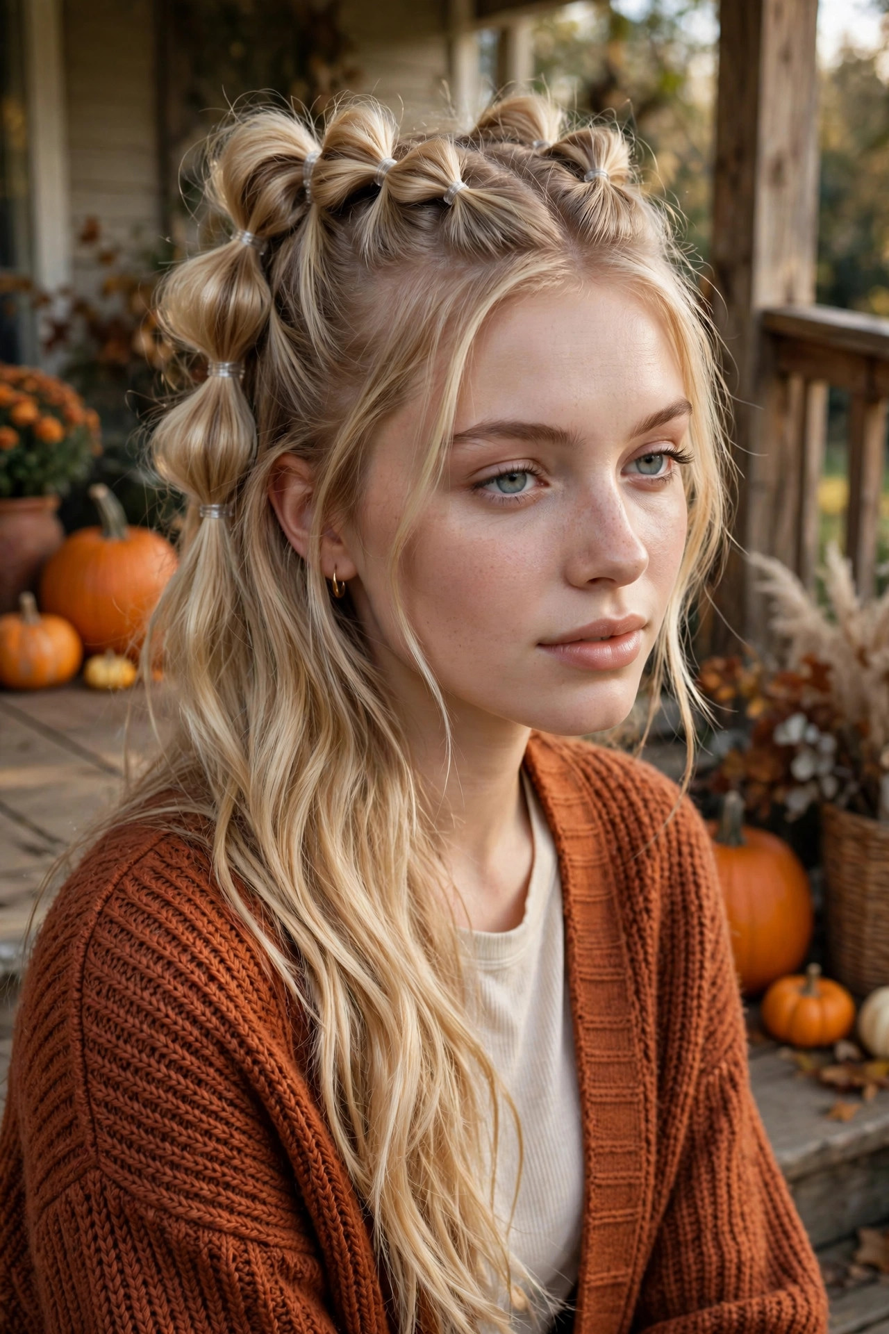 Young woman with a half-up bubble braid hairstyle on a porch