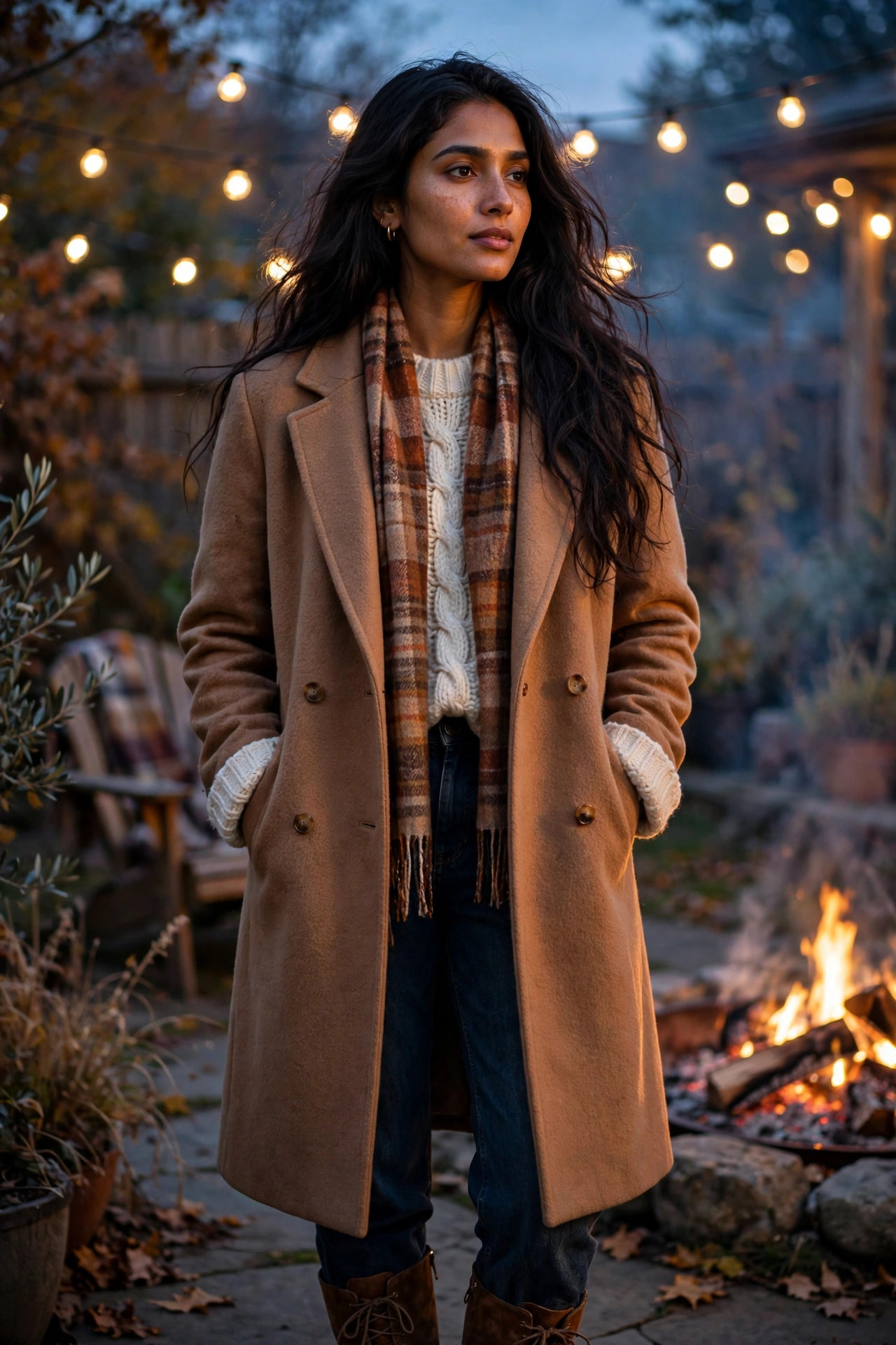 Young woman in a wool coat with a chunky knit and dark denim at a backyard fire pit