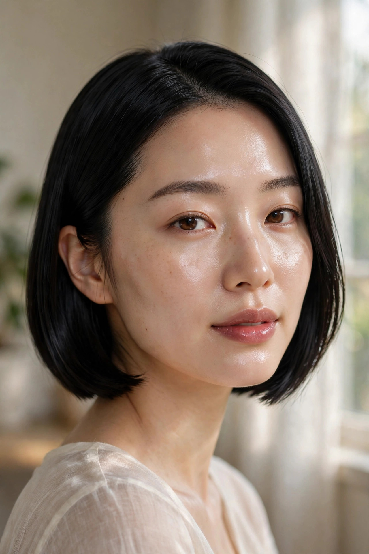 East Asian woman with a bob haircut wearing dewy glowing skin and a sheer berry-tinted lip