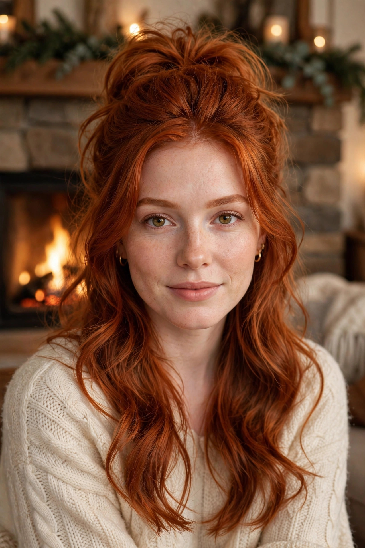 Redhead woman in her late 20s with a voluminous teased half-up hairstyle by a fireplace