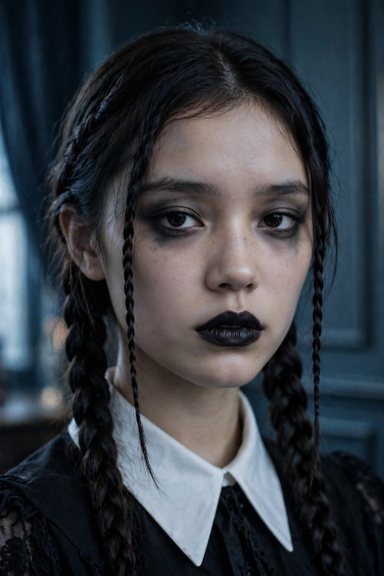 Woman with Wednesday Addams inspired gothic Halloween makeup, dark braids and black lipstick