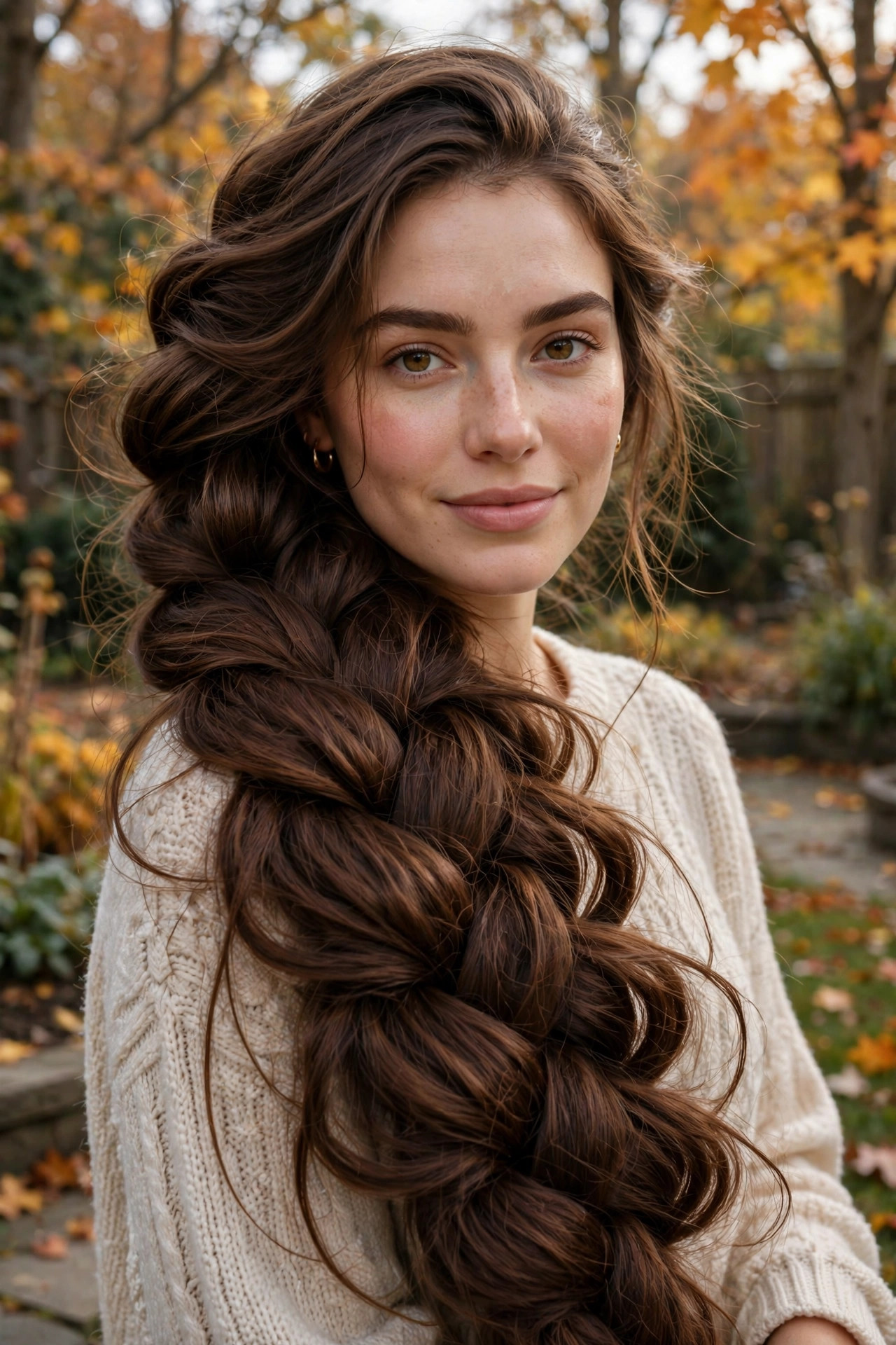 Woman in her late 20s with long brown hair in a voluminous three-strand side braid in a backyard with fall trees