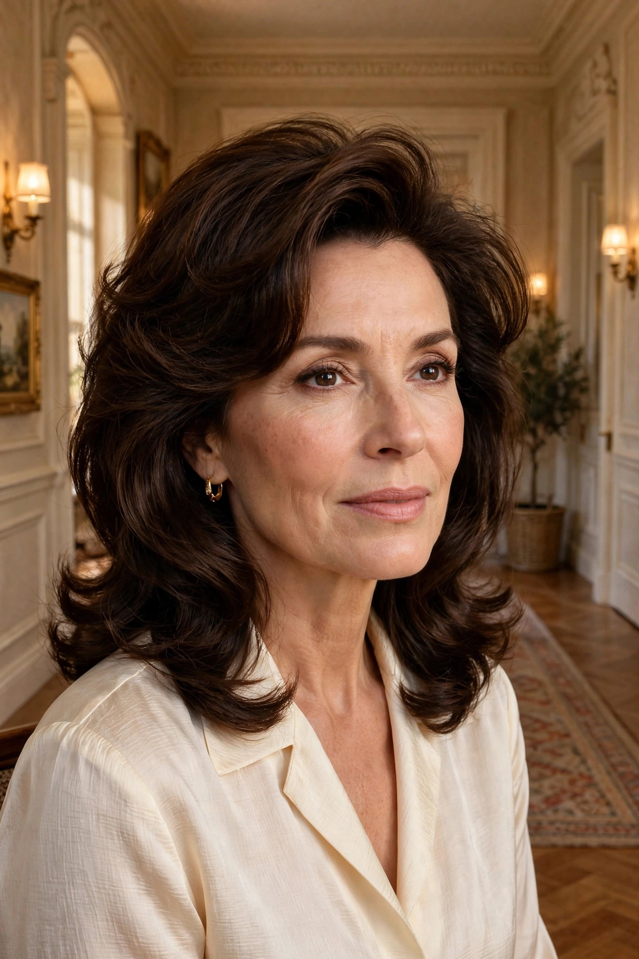 Woman in her early 50s with dark brown layered hair in a classic voluminous blowout in an elegant hallway