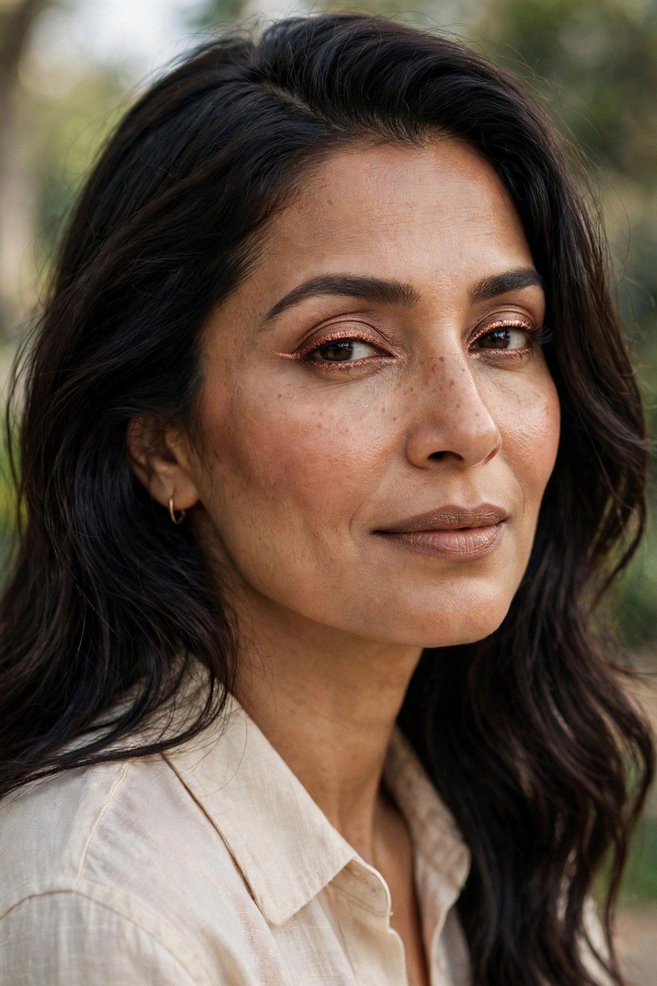 South Asian woman in her mid-40s with a copper shimmer eyeliner look in daylight