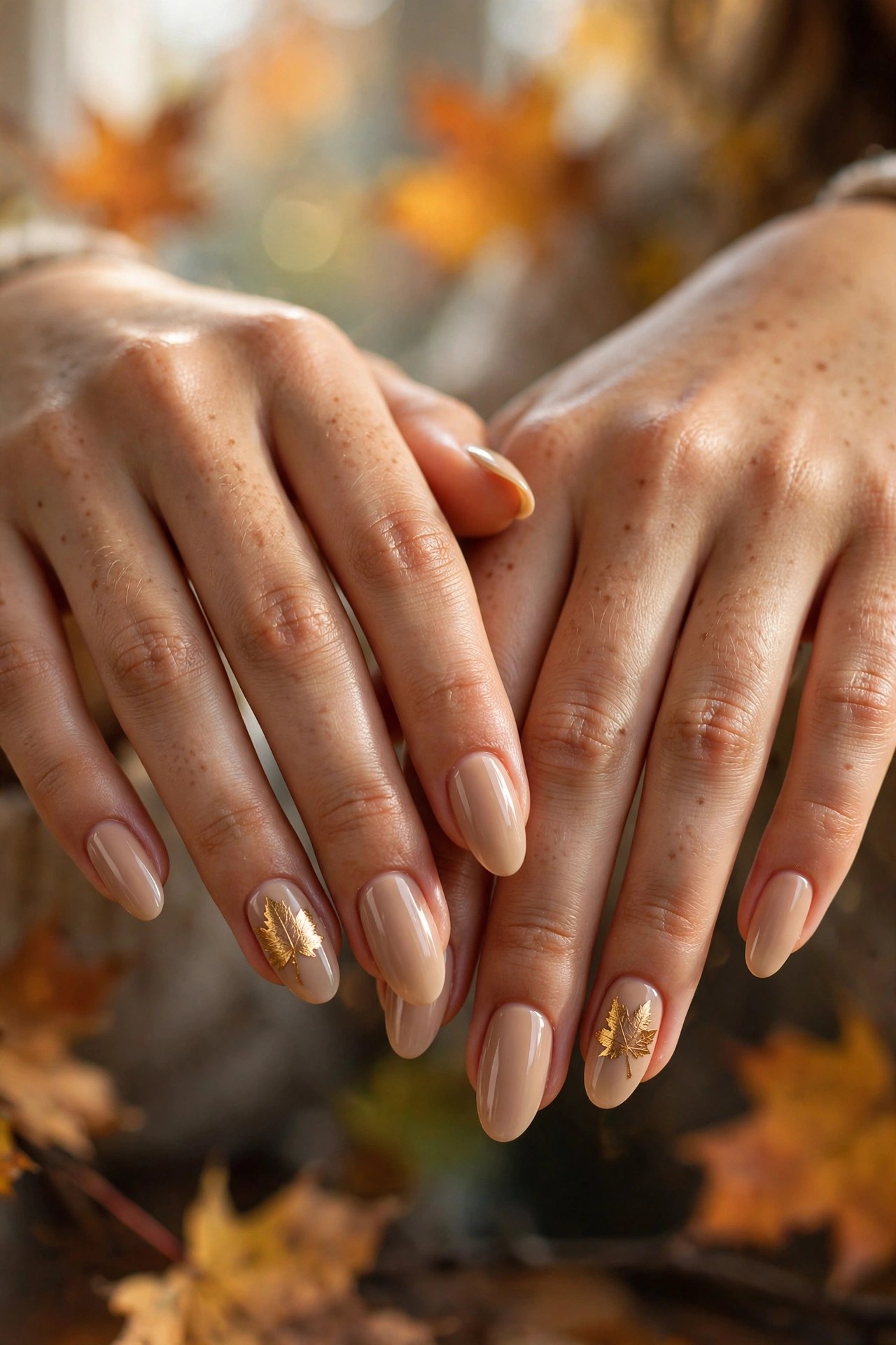 Teen hands with tan skin and long oval nails with gold autumn leaf stickers on nude polish