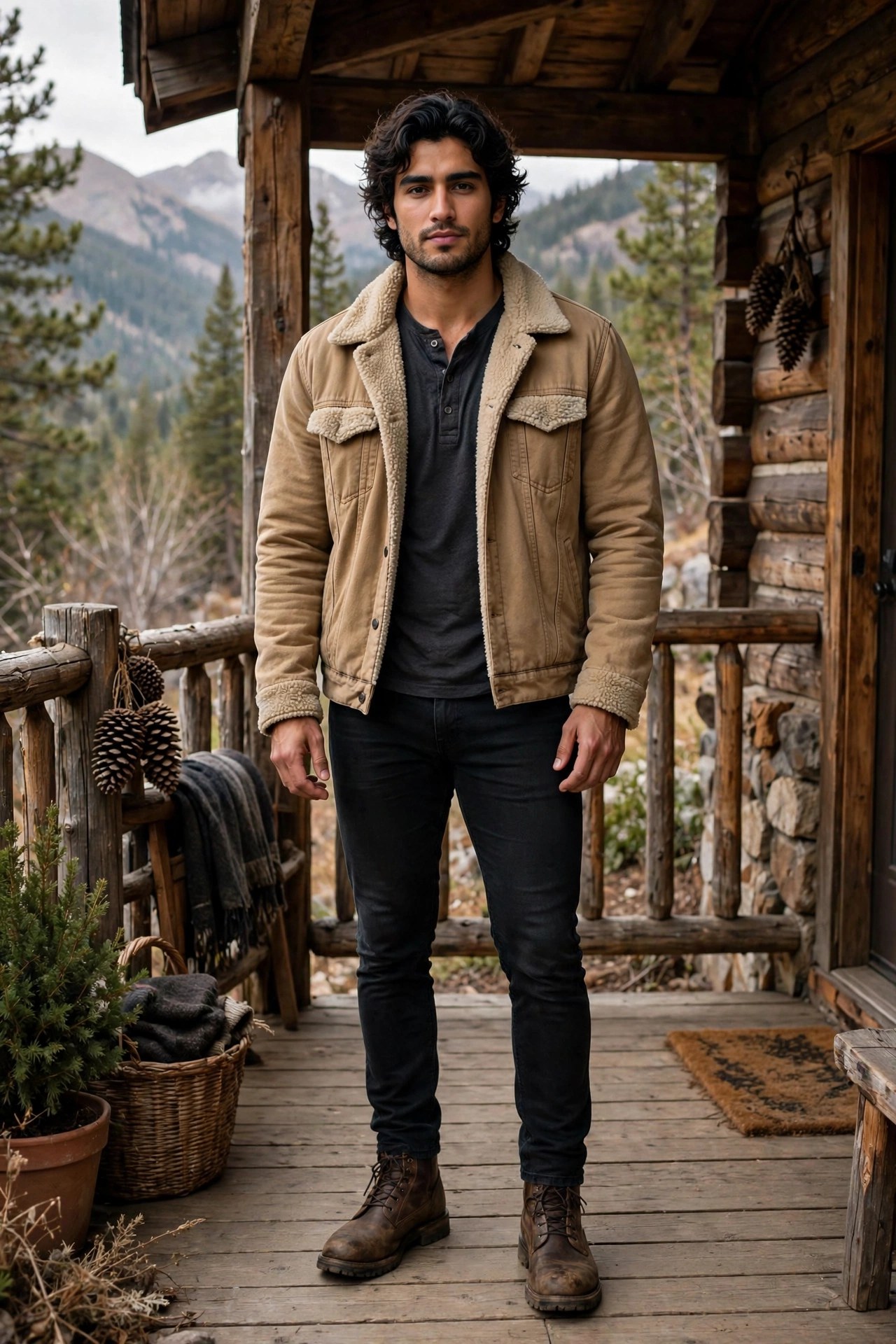 Man in his late 20s wearing a dark henley under a tan sherpa jacket at a mountain cabin