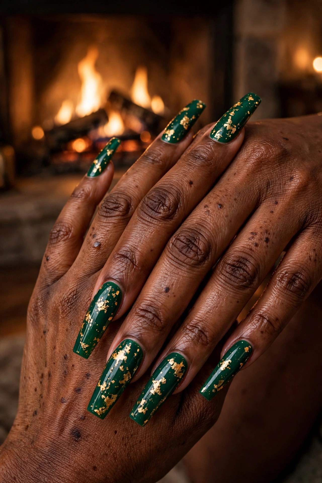 Hands with deep brown skin and long coffin nails in emerald green with gold foil accents