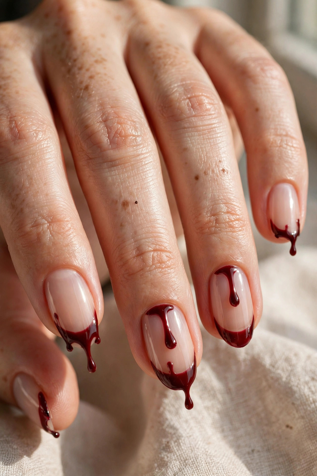 Short almond nails with nude base and glossy red blood drip nail art