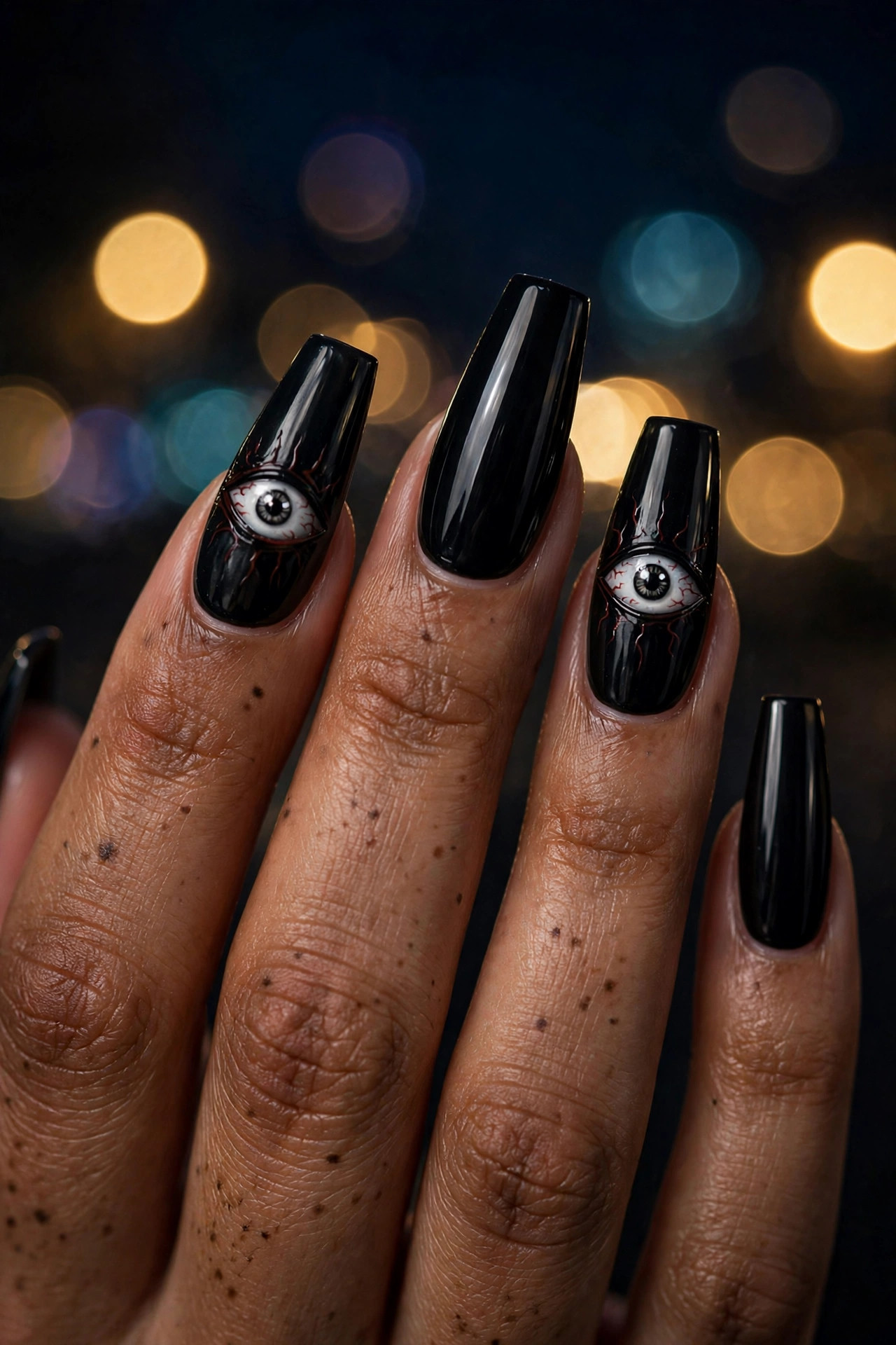 Coffin nails with spooky white eye nail art on dark polish