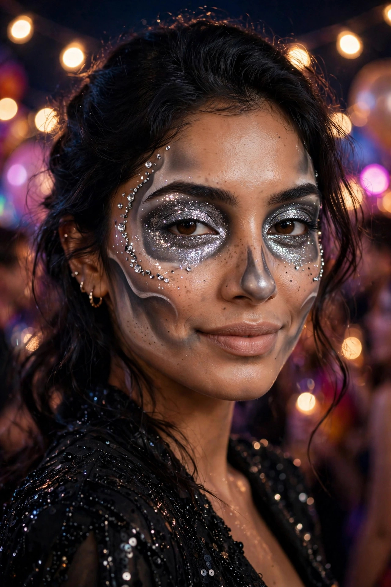 Woman with glitter glam skull Halloween makeup and rhinestones