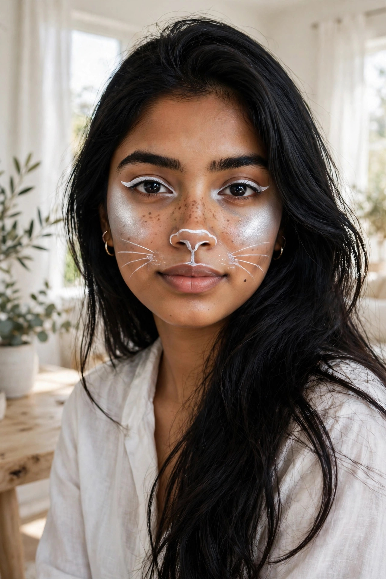 Teen girl with white cat Halloween makeup, white liner whiskers on natural base