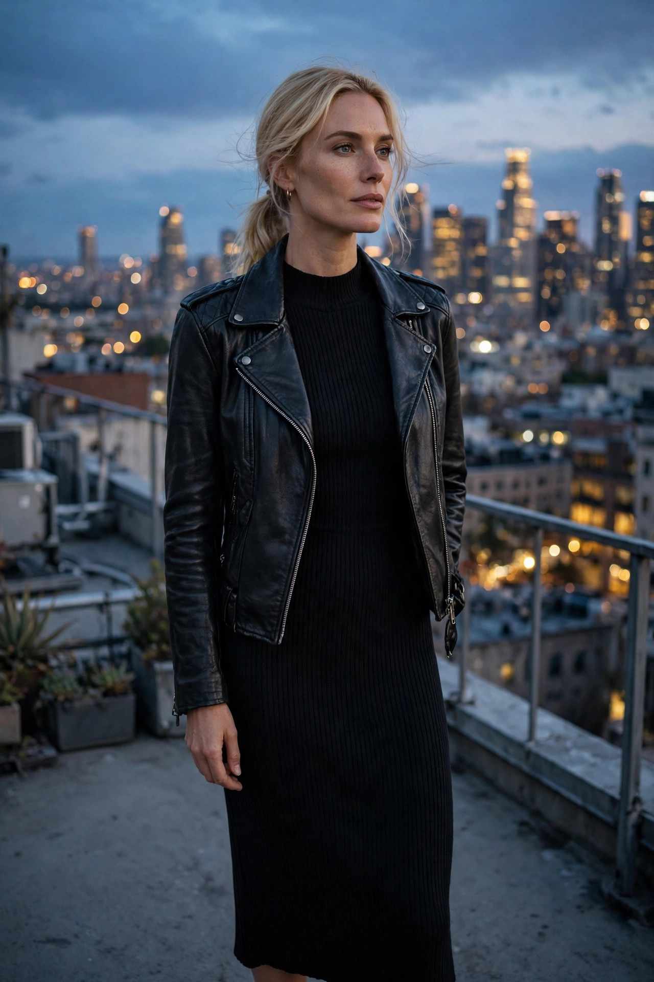 Woman in a black leather moto jacket over a ribbed knit midi dress with her hair in a low ponytail on a city rooftop at dusk