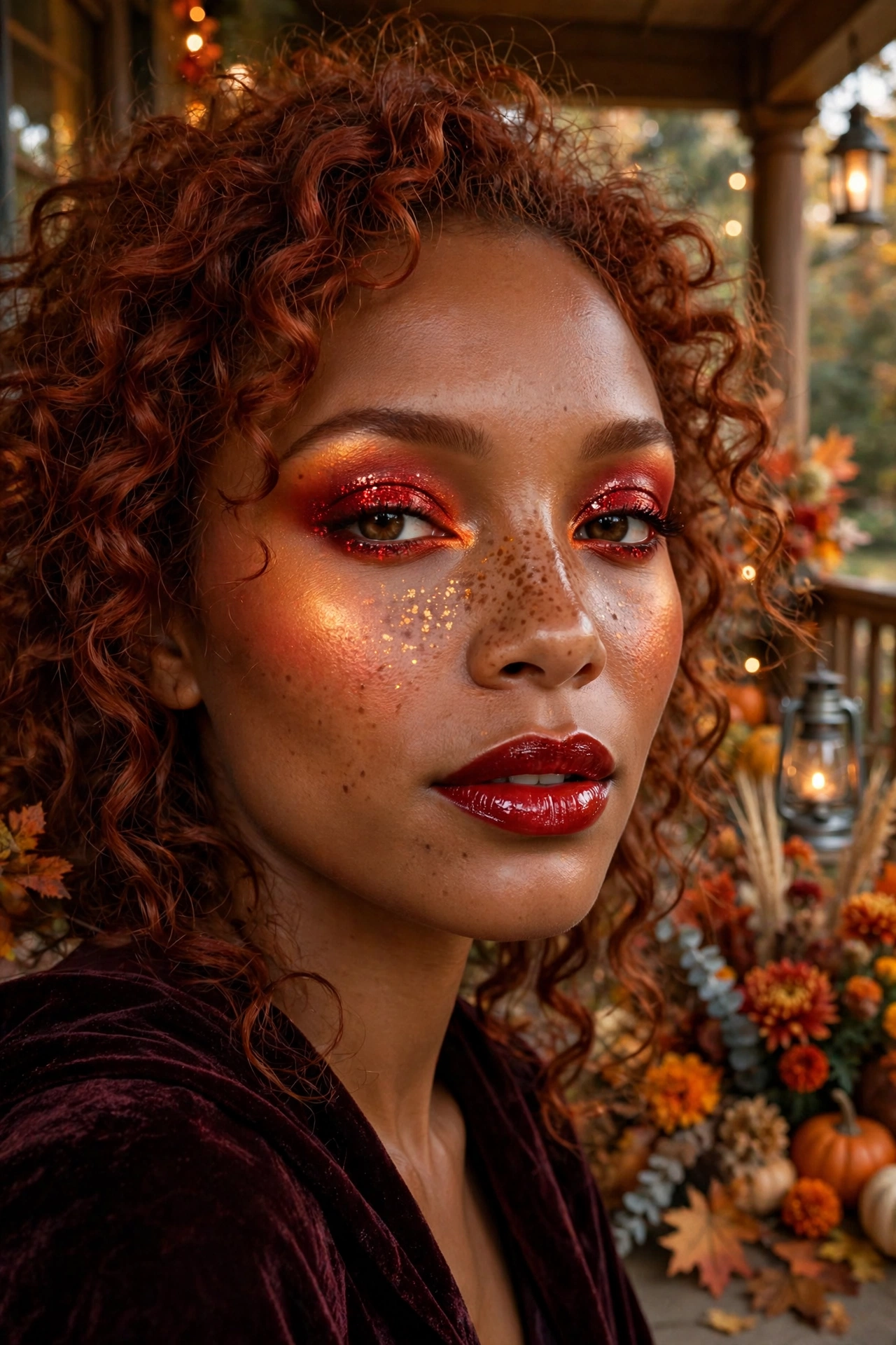 Photorealistic portrait of a woman wearing fiery red and orange witch makeup