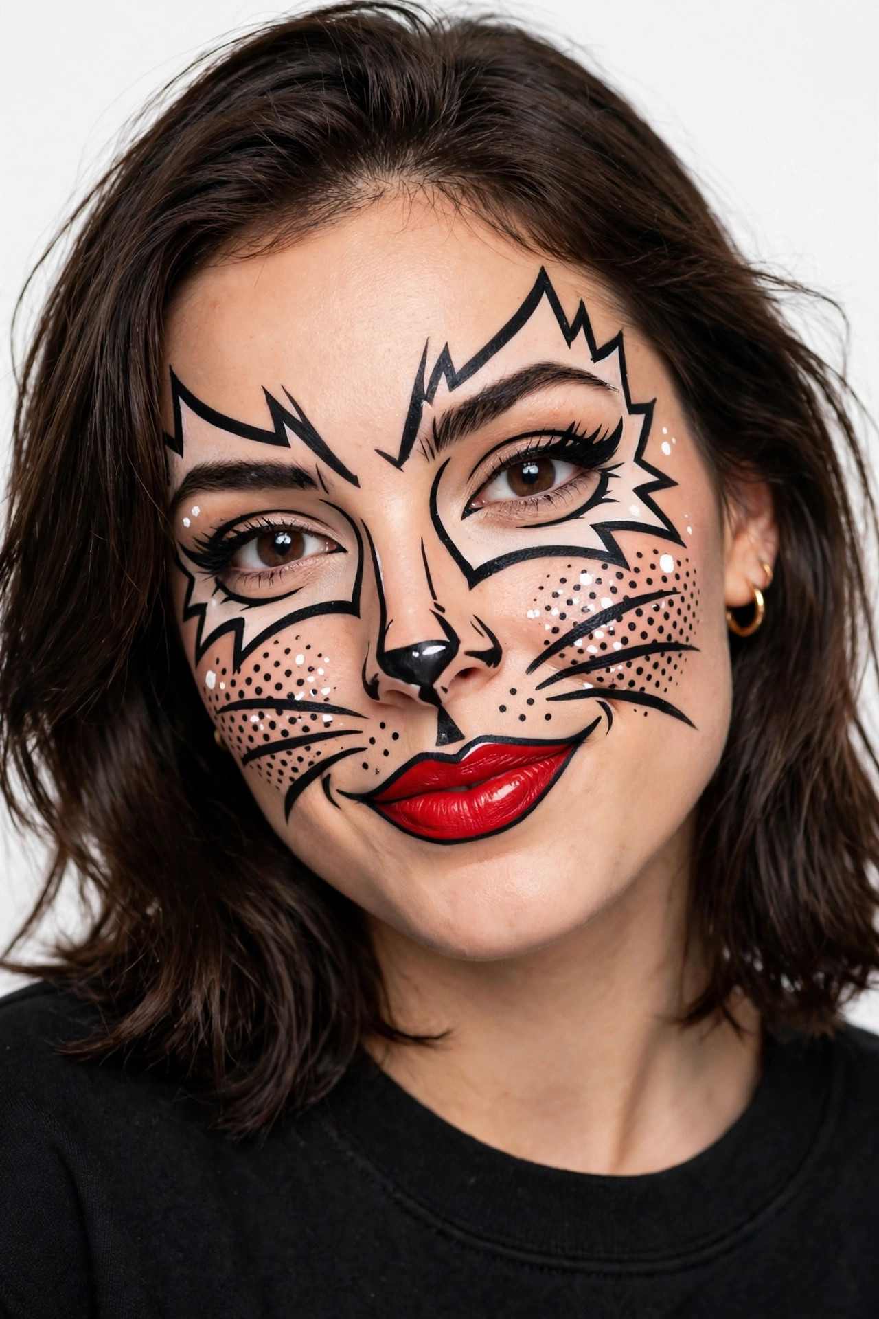 Woman with pop art comic cat makeup for Halloween party, bold outlines and Ben-Day dots