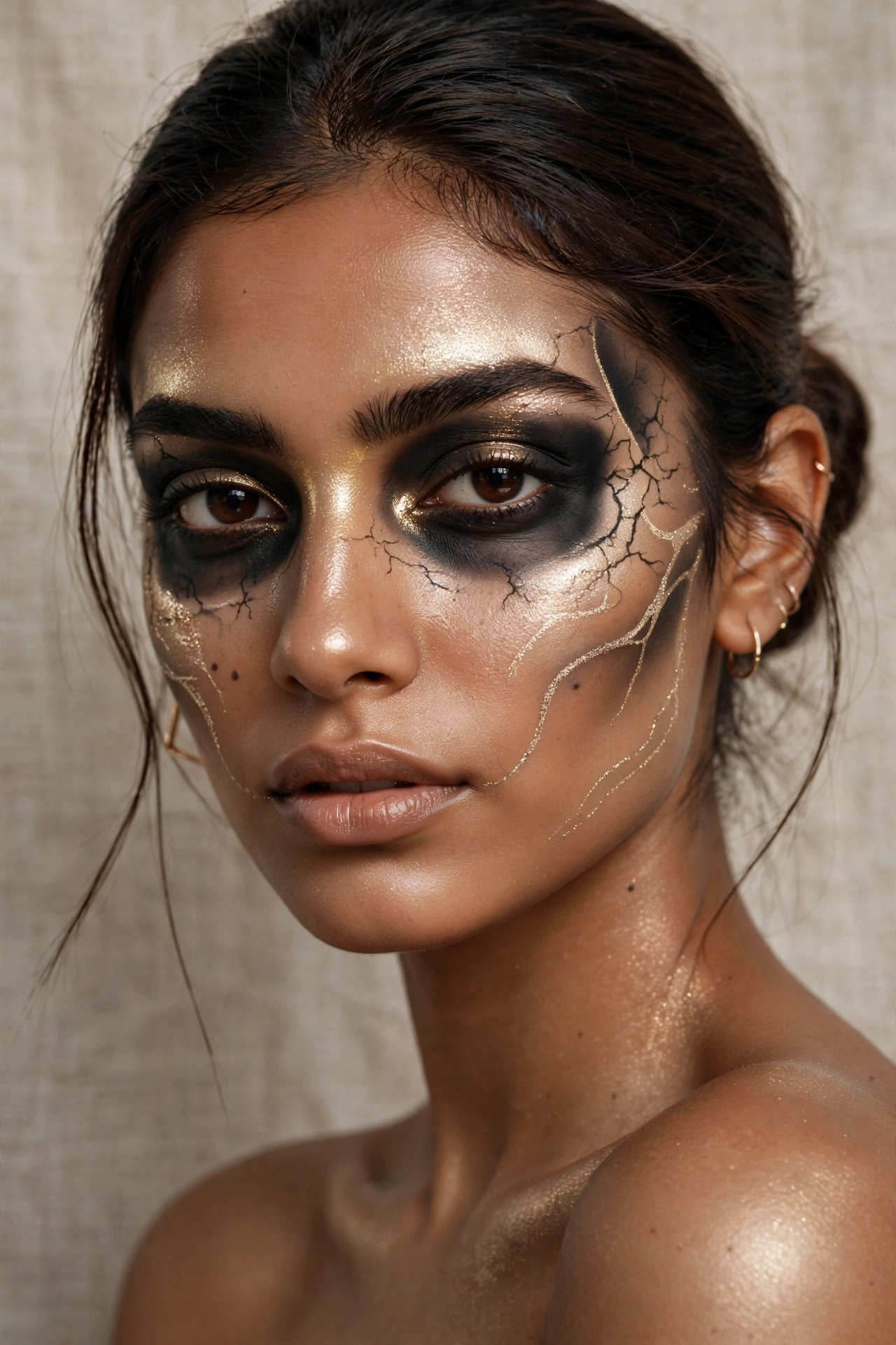 Woman with champagne shimmer glam skull Halloween makeup