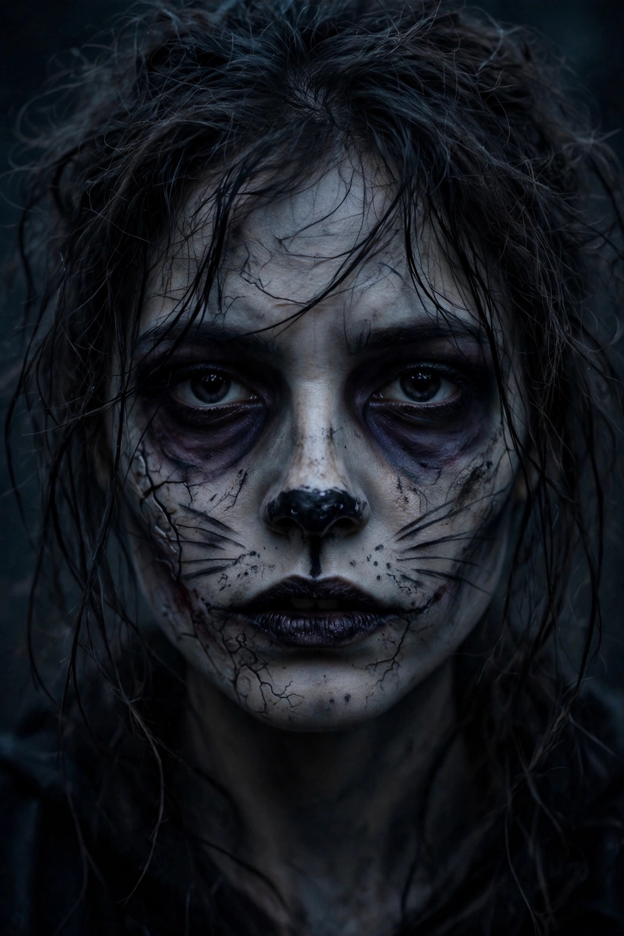 Woman with zombie cat Halloween makeup, grey face paint, and dark smudged eyes