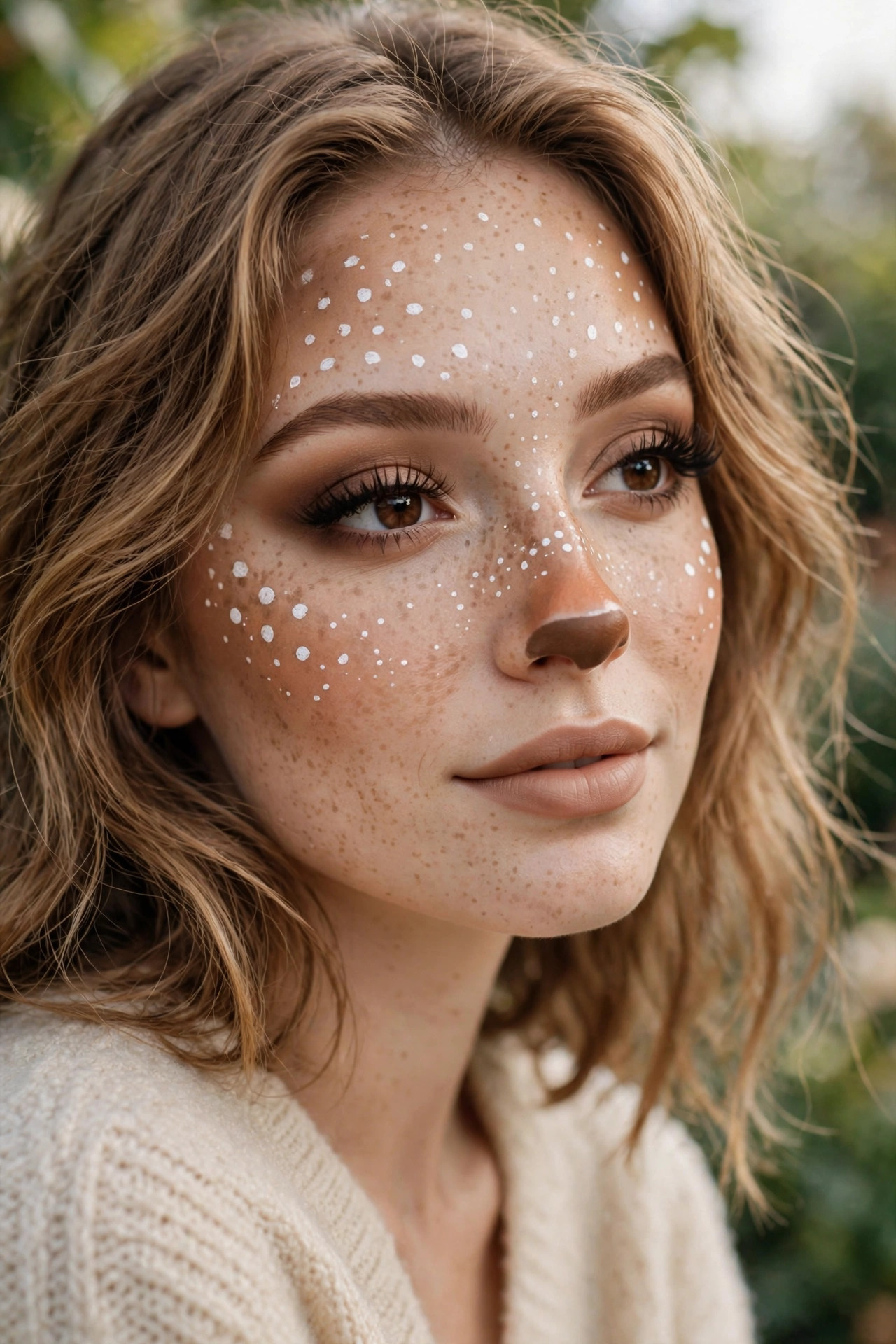 Young woman with cute deer Halloween makeup, white spots, and brown nose