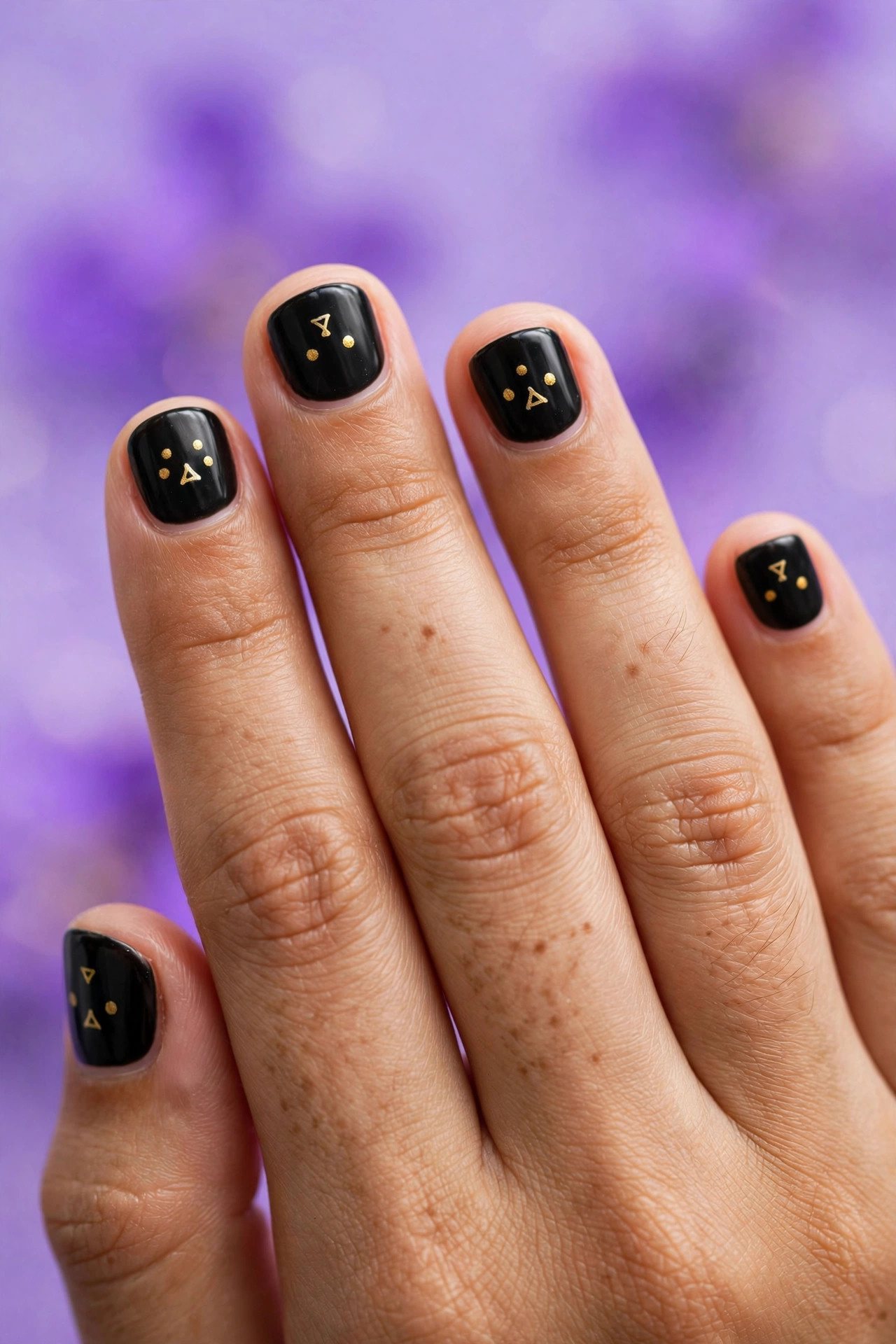 Short nails with black polish and cute black cat face nail art