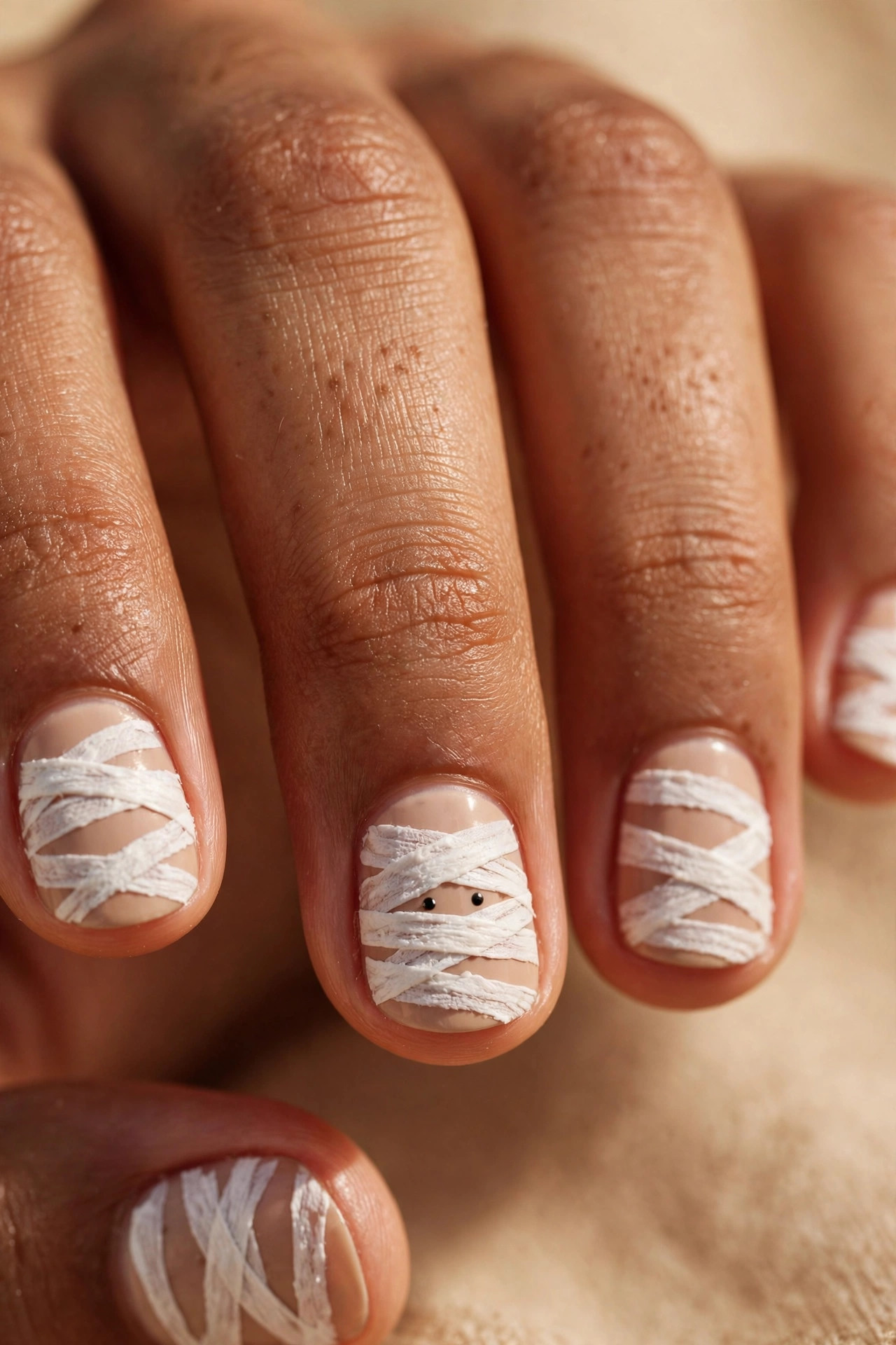 Teen hand with mummy bandage nail art and tiny peeking eyes
