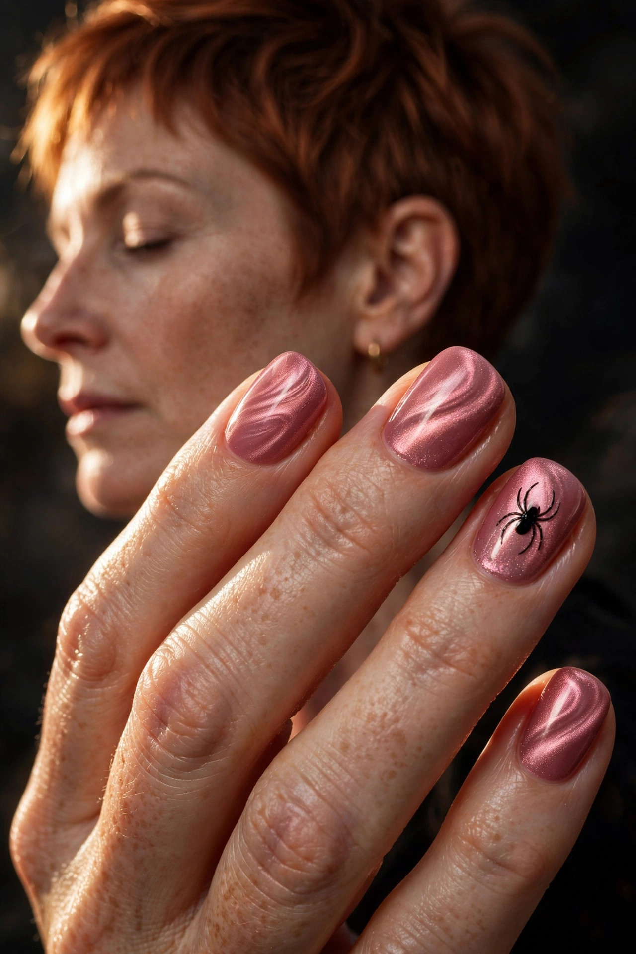 Short nails with magnetic pink cat-eye swirls and a single black spider accent