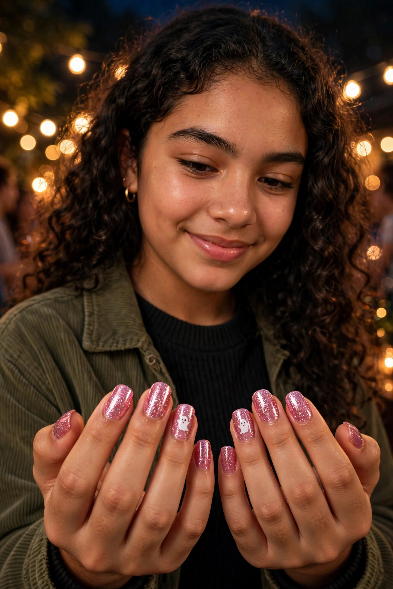 Teen nails covered in pink glitter with tiny white ghost decals