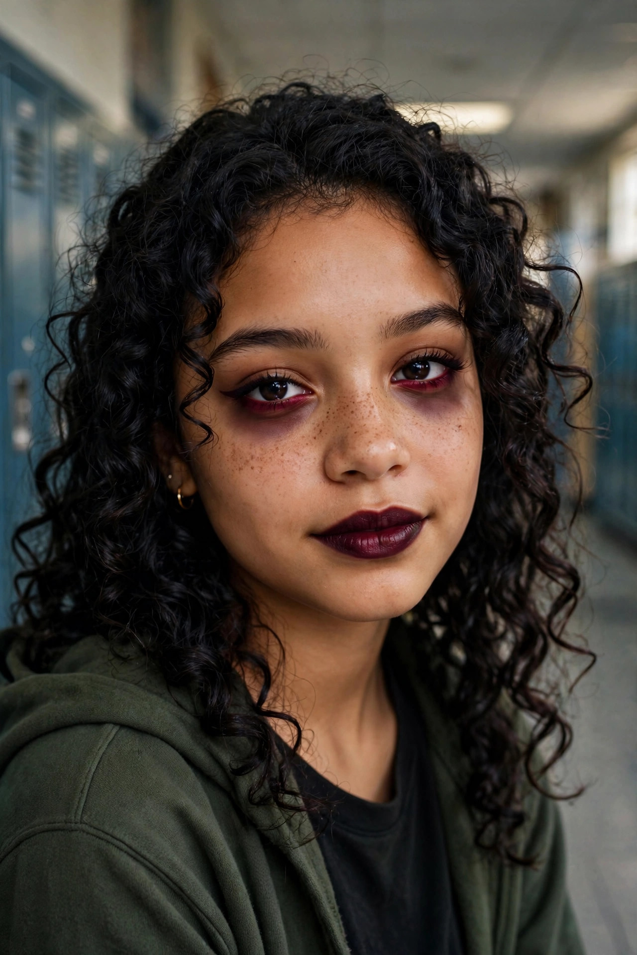 Teen with burgundy eyeliner on the waterline and shadowed under-eyes for a vampire look
