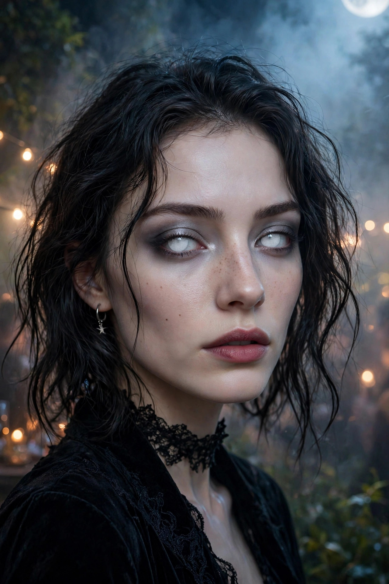 Woman with ghostly white contact lenses and ethereal vampire makeup