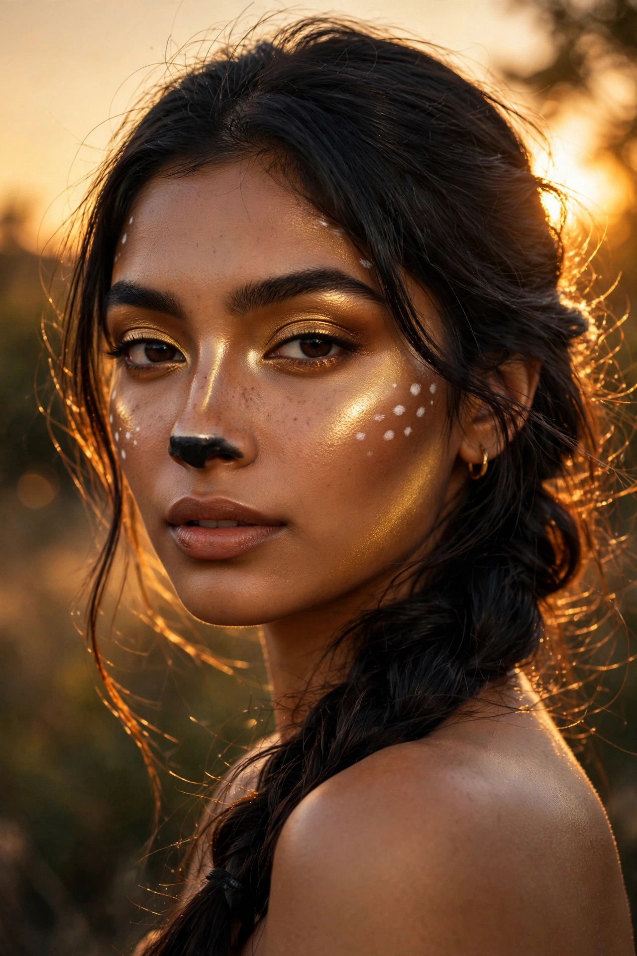 Woman with golden deer Halloween makeup, warm gold shimmer and bronze contour in sunset light