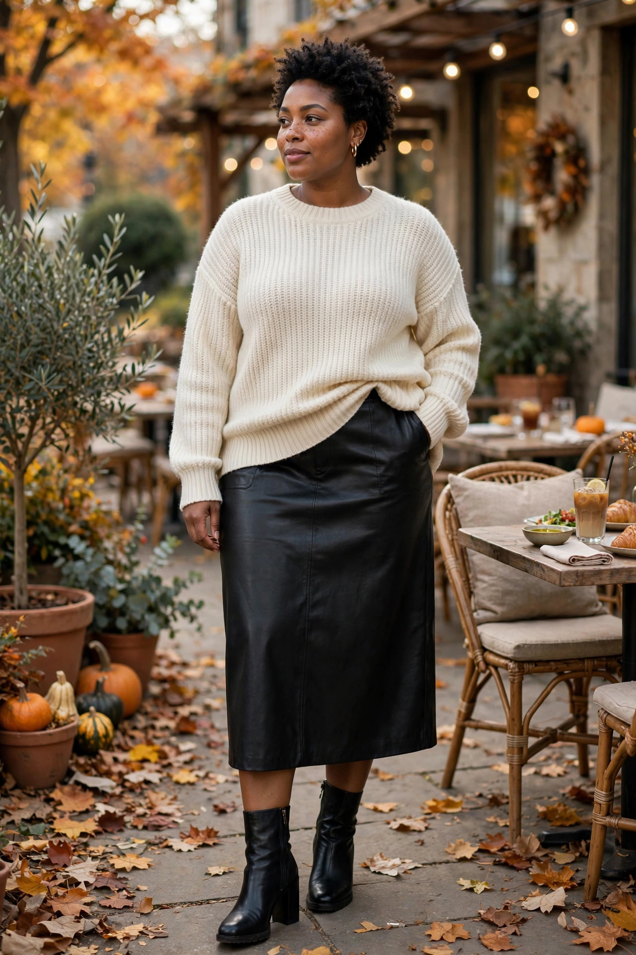 Curvy woman wearing a soft knit sweater with a faux-leather midi skirt at a restaurant patio in fall