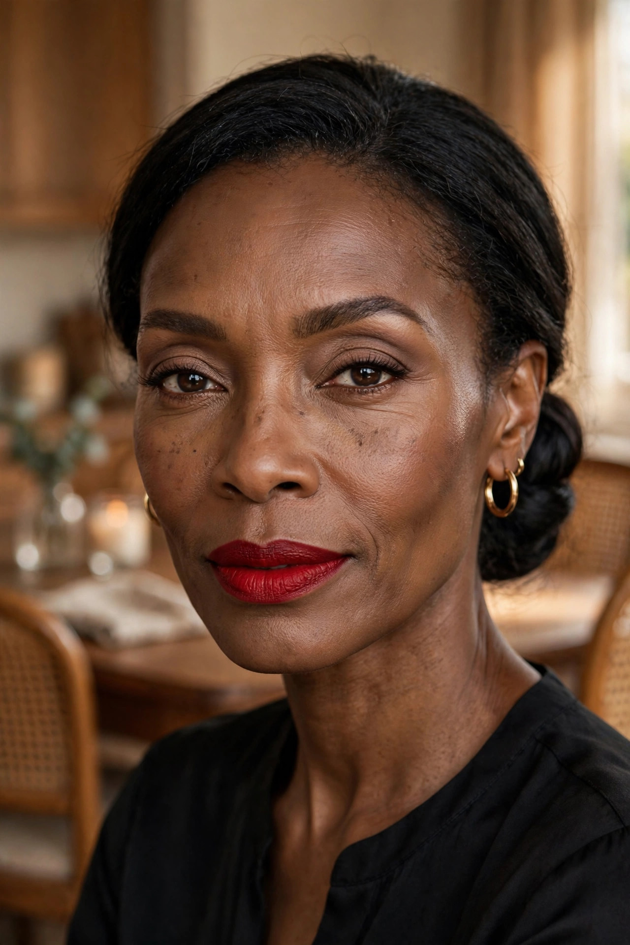 Elegant woman wearing a classic red lipstick with soft neutral eye makeup and groomed brows