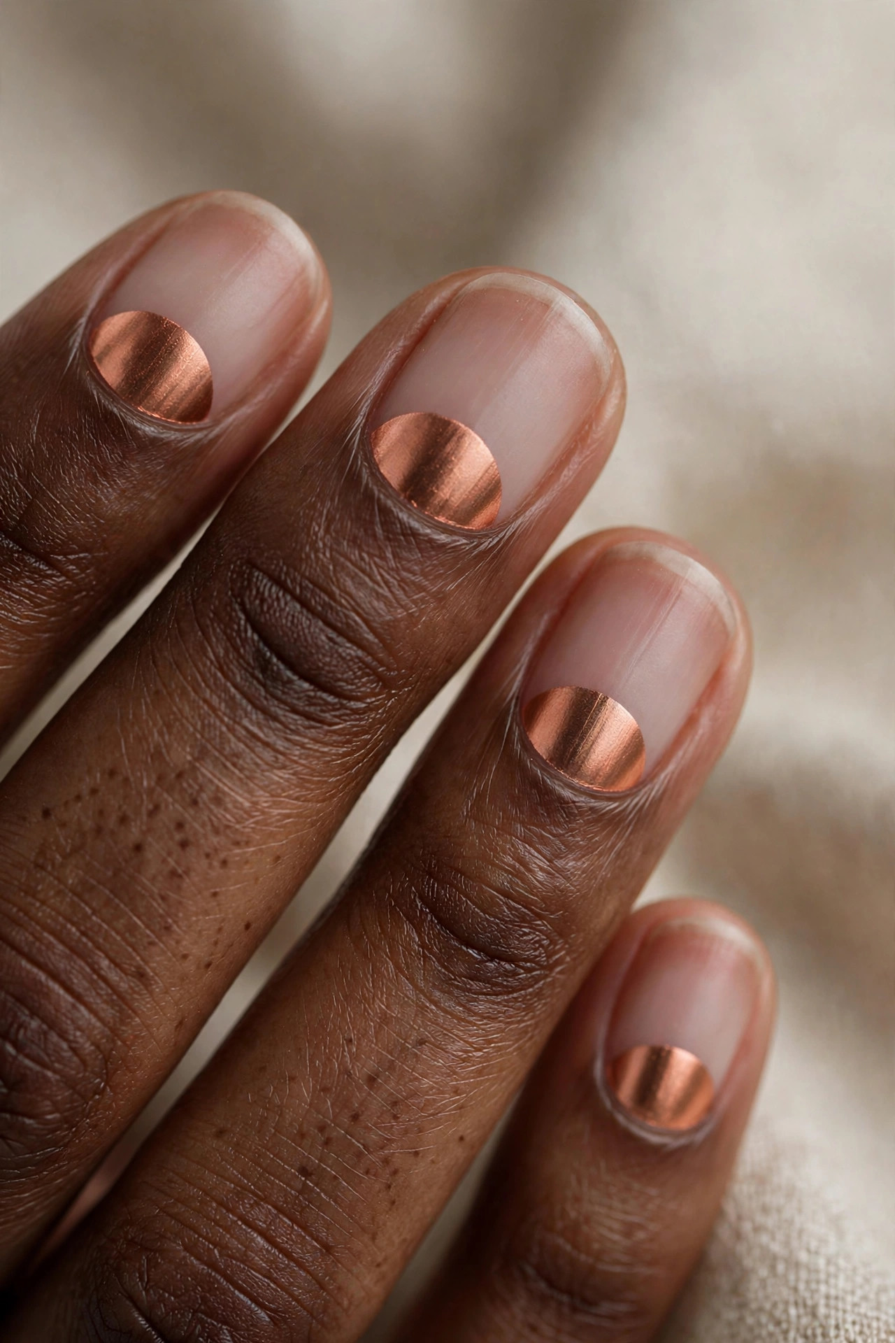Short nails with copper half-moon designs leaving negative space near the cuticle