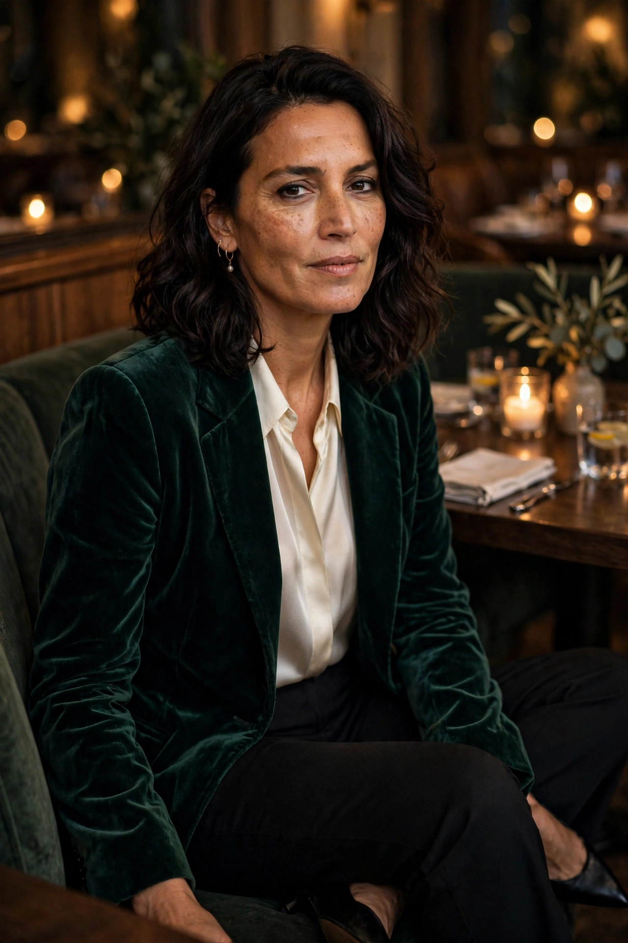 Woman in her mid 40s wearing a jewel-tone velvet blazer in a candlelit restaurant