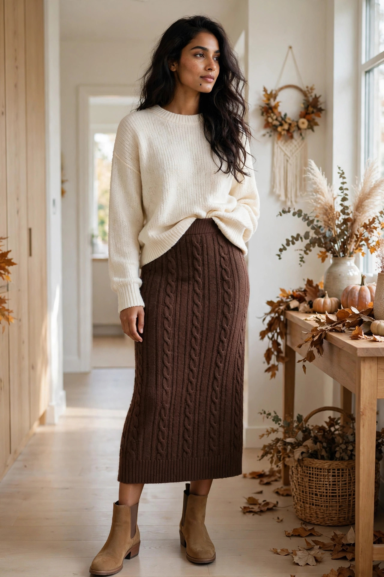 Young woman in a knit midi skirt with a tucked sweater in a hallway