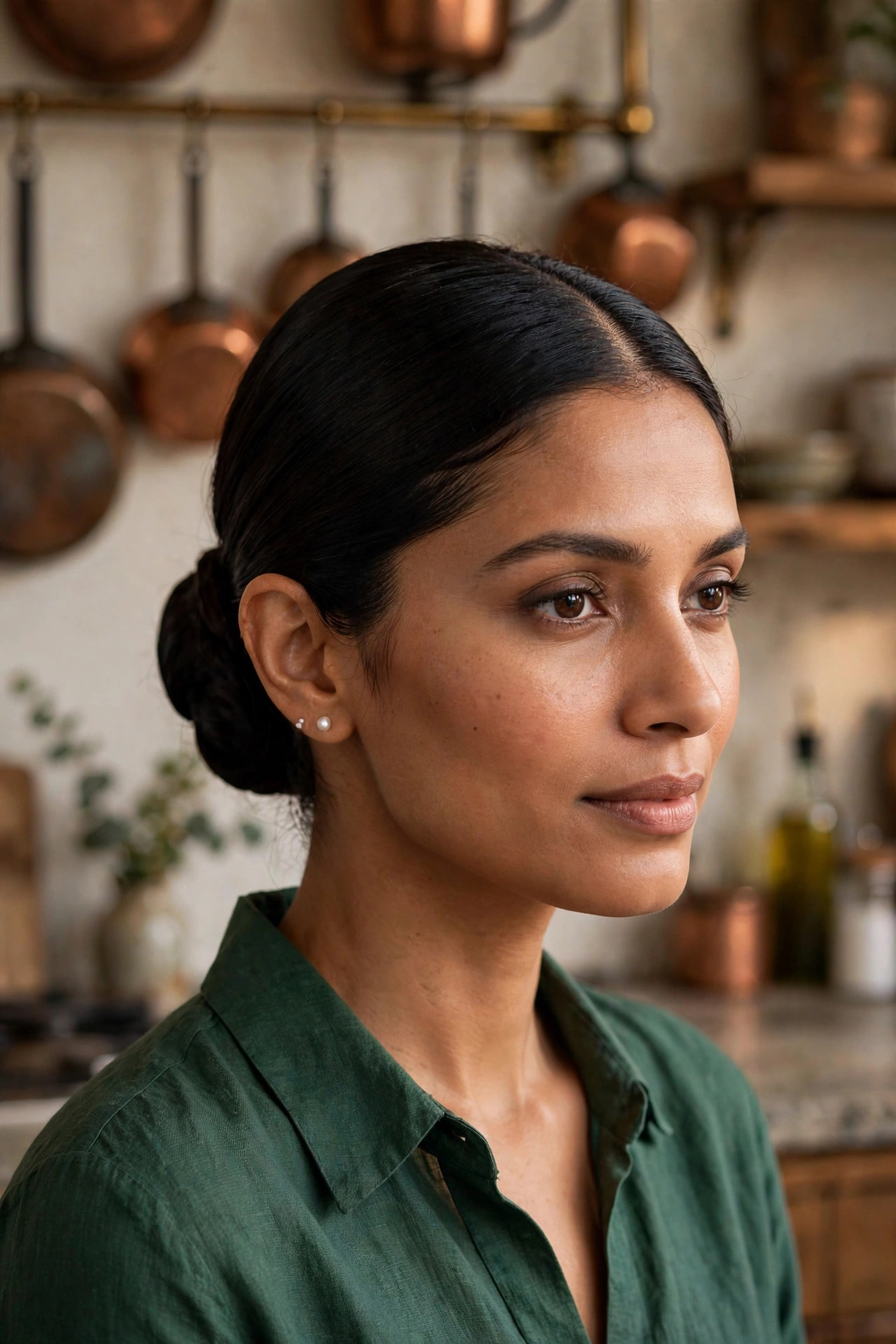 Woman with a sleek low bun with a center part in a kitchen