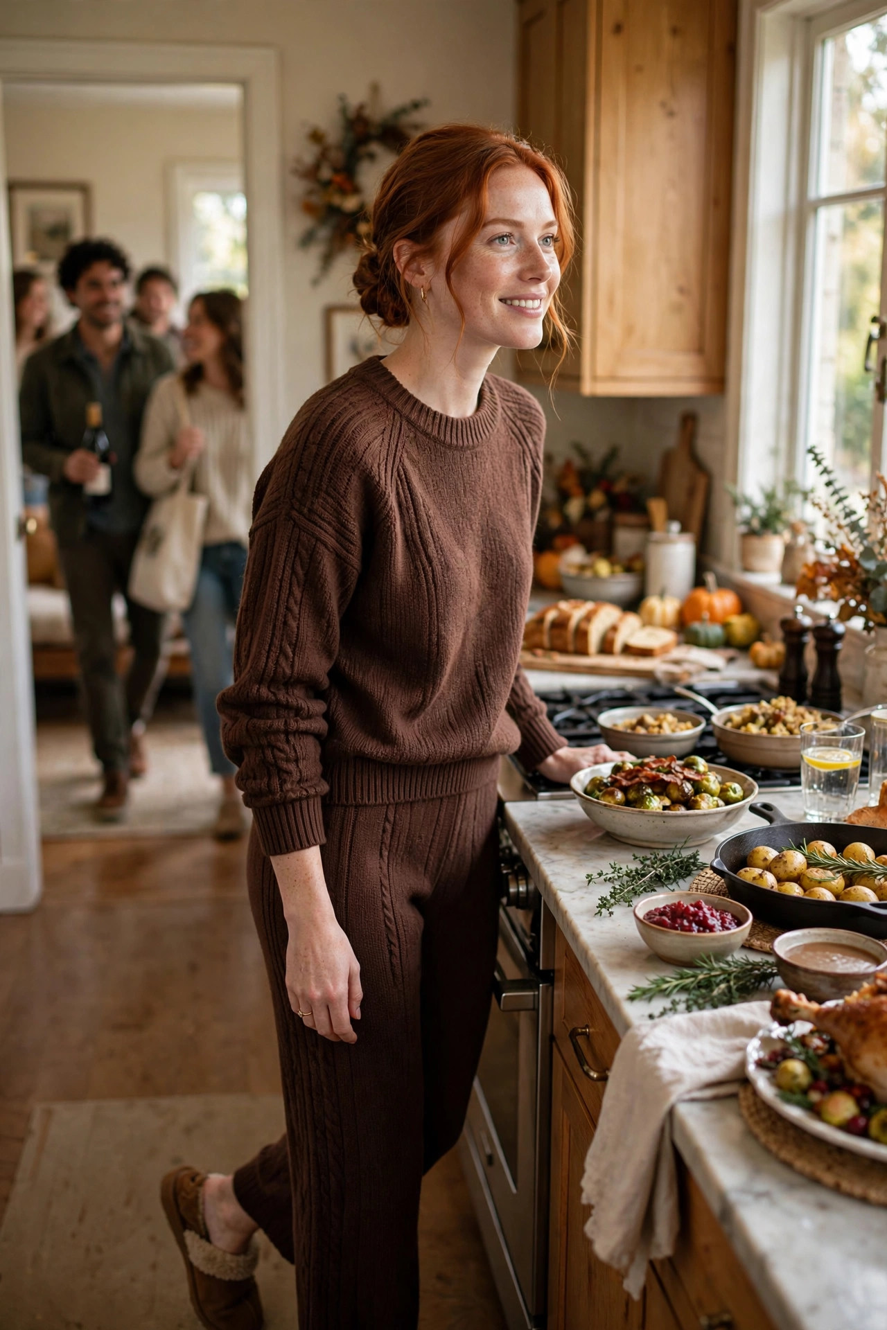 Young woman in a matching caramel knit set hosting in a kitchen