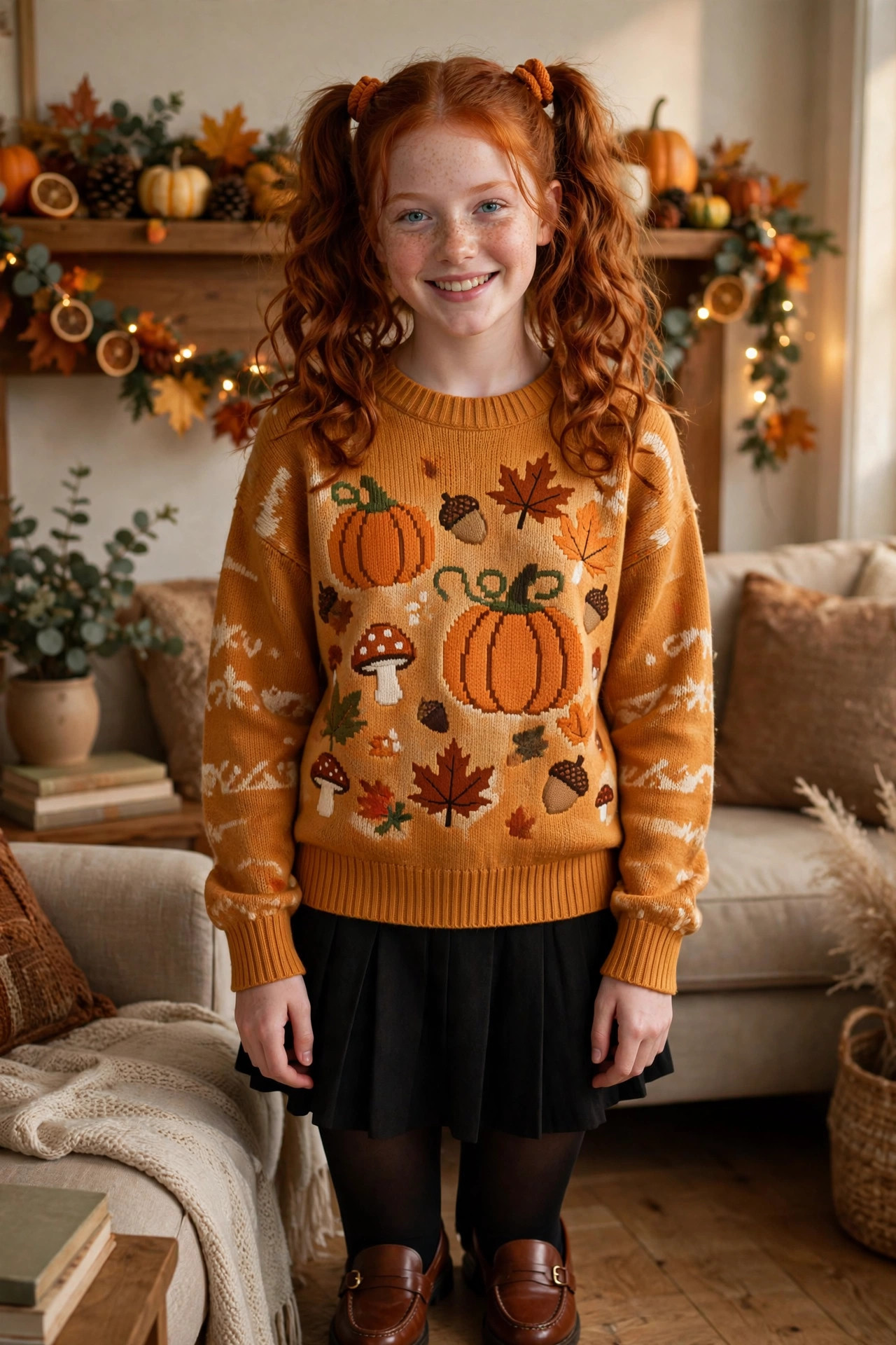 Teen girl in a graphic fall sweater with a pleated skirt in a living room