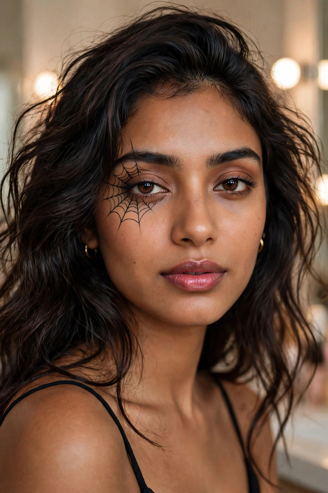 Woman with spiderweb Halloween eye makeup, delicate web lines extending from one eye