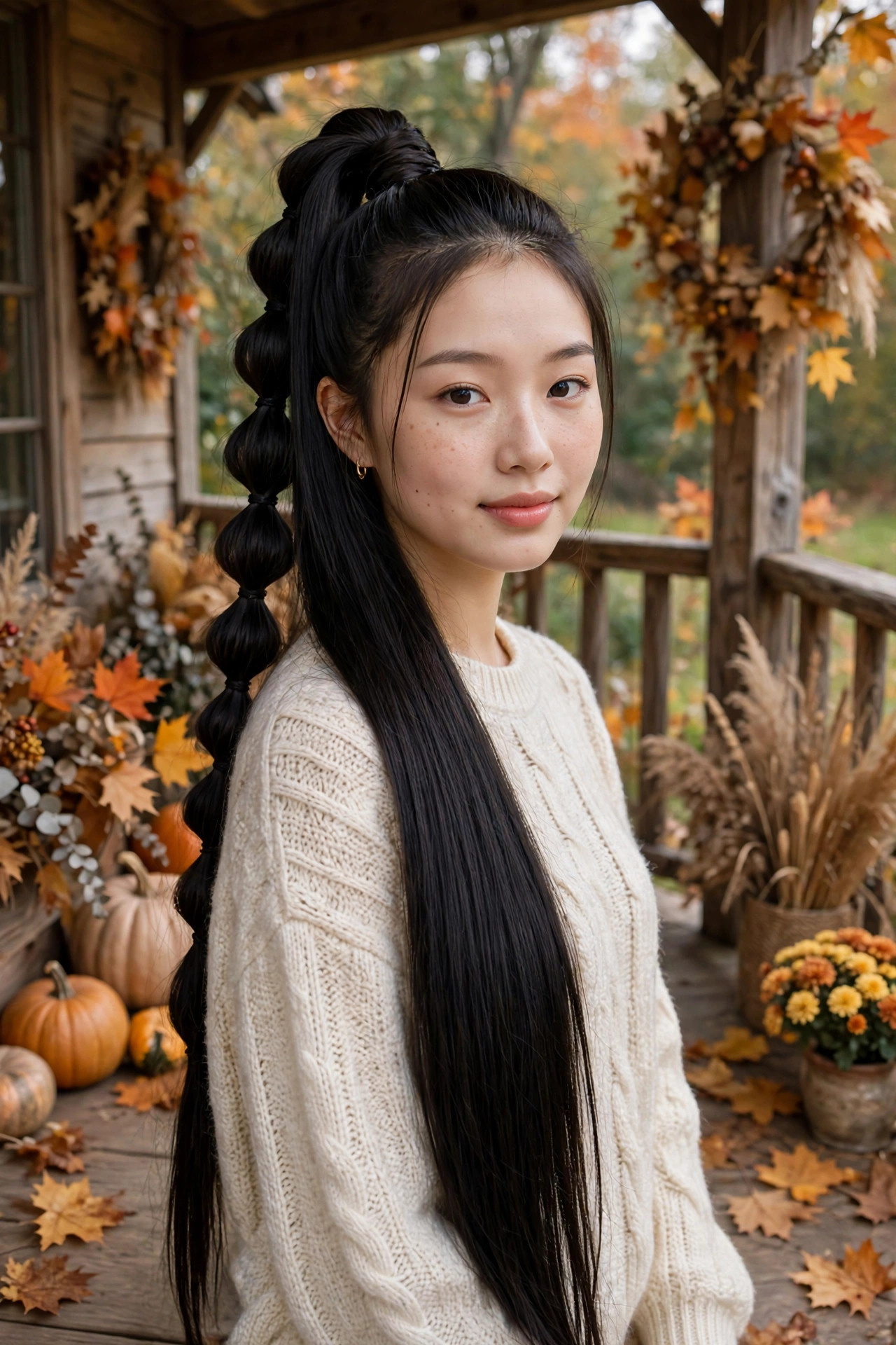 Young Asian woman in her early 20s with long black hair in a bubble braid ponytail on a porch