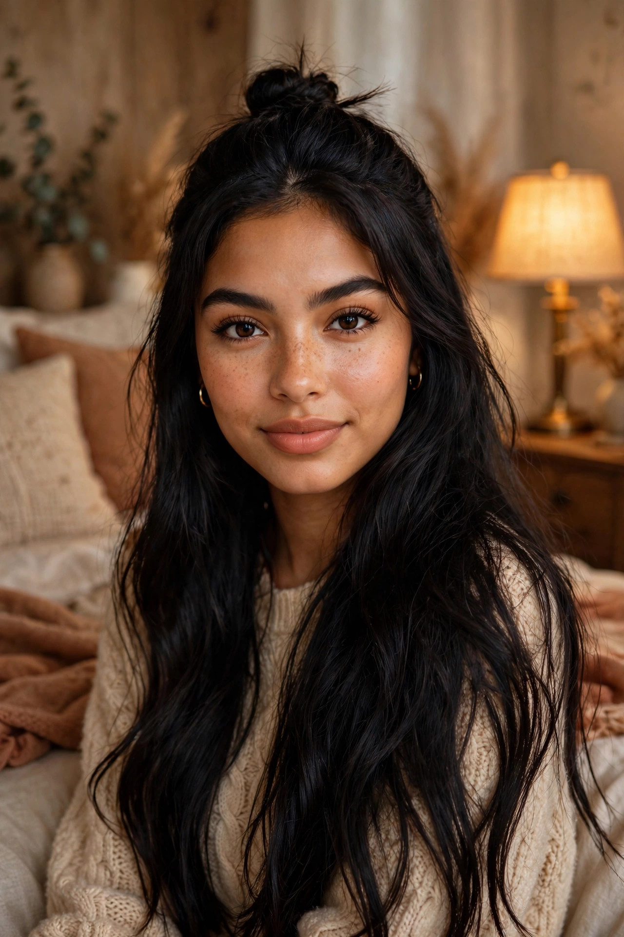 Young Latina woman in her early 20s with long black hair in a half-up top knot in a bedroom