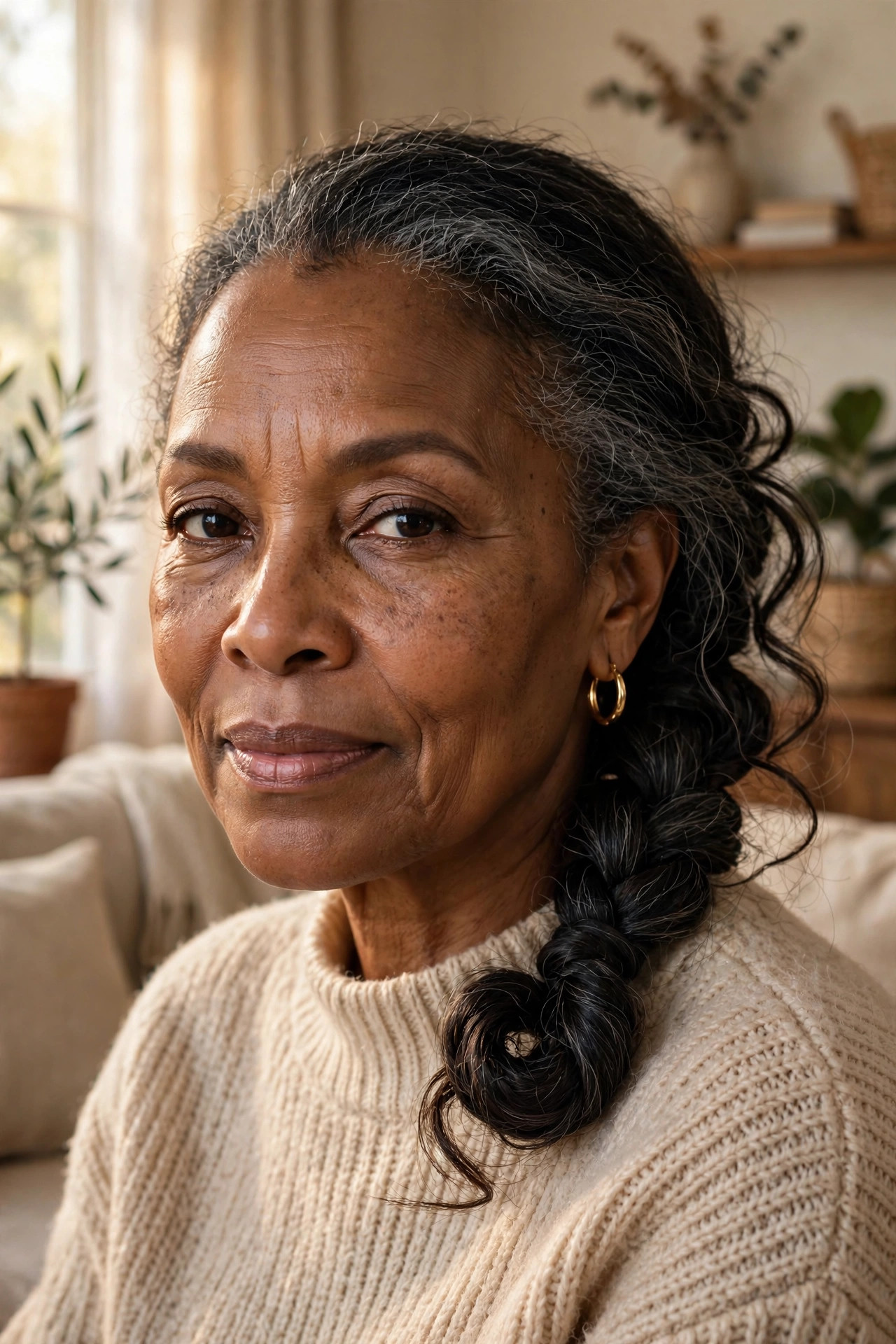 Black woman in her late 50s with hair in a braided side bun in a warm living room