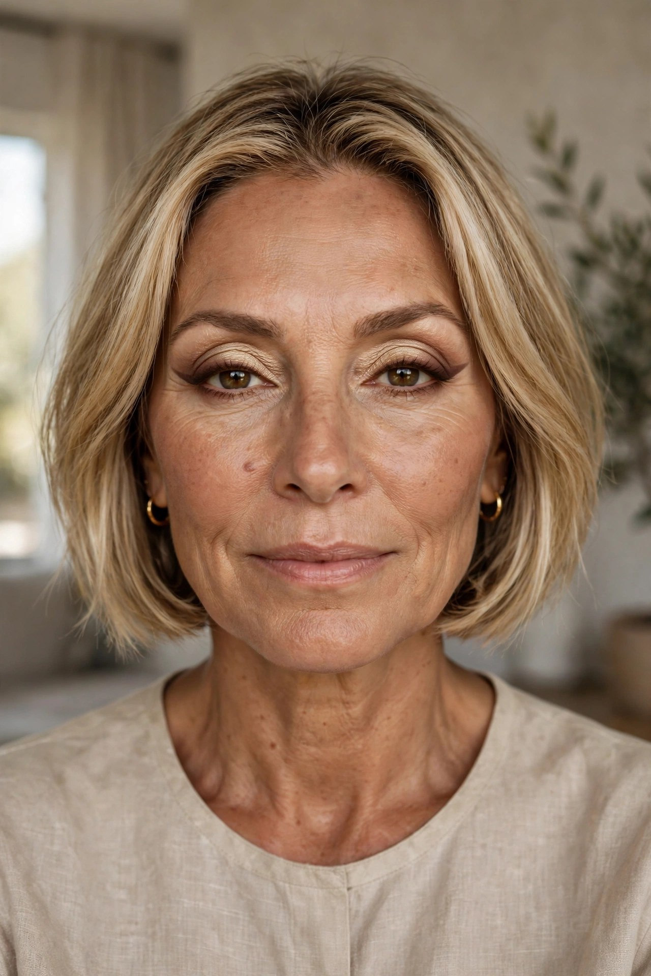 Woman in her early 50s with a blonde bob wearing a soft gold eye look with a brown winged liner