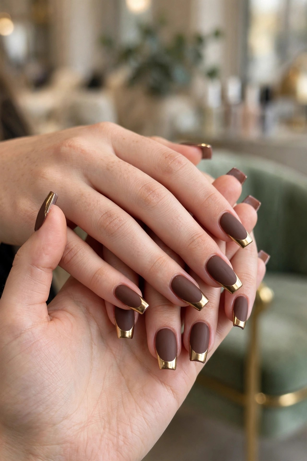 Teen hands with fair skin and medium coffin nails in matte chocolate with gold tips