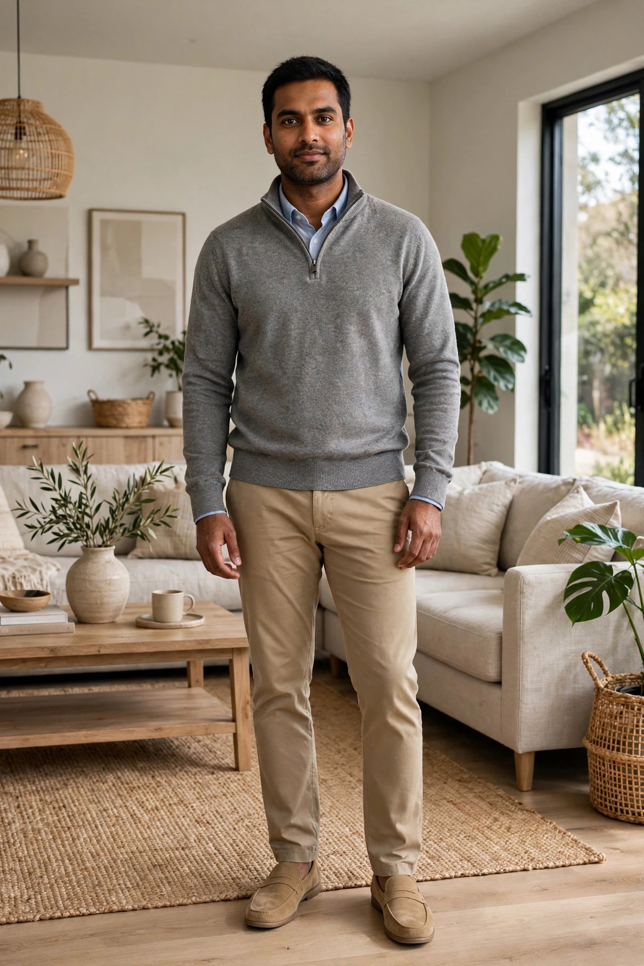 South Asian man in his early 30s wearing a gray quarter-zip sweater with chinos indoors