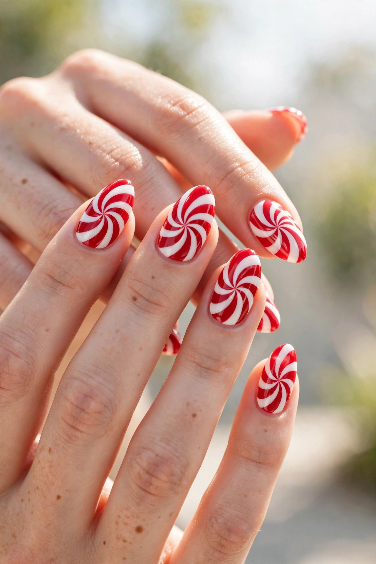 Hands with fair skin and medium almond nails with red and white peppermint swirl nail art