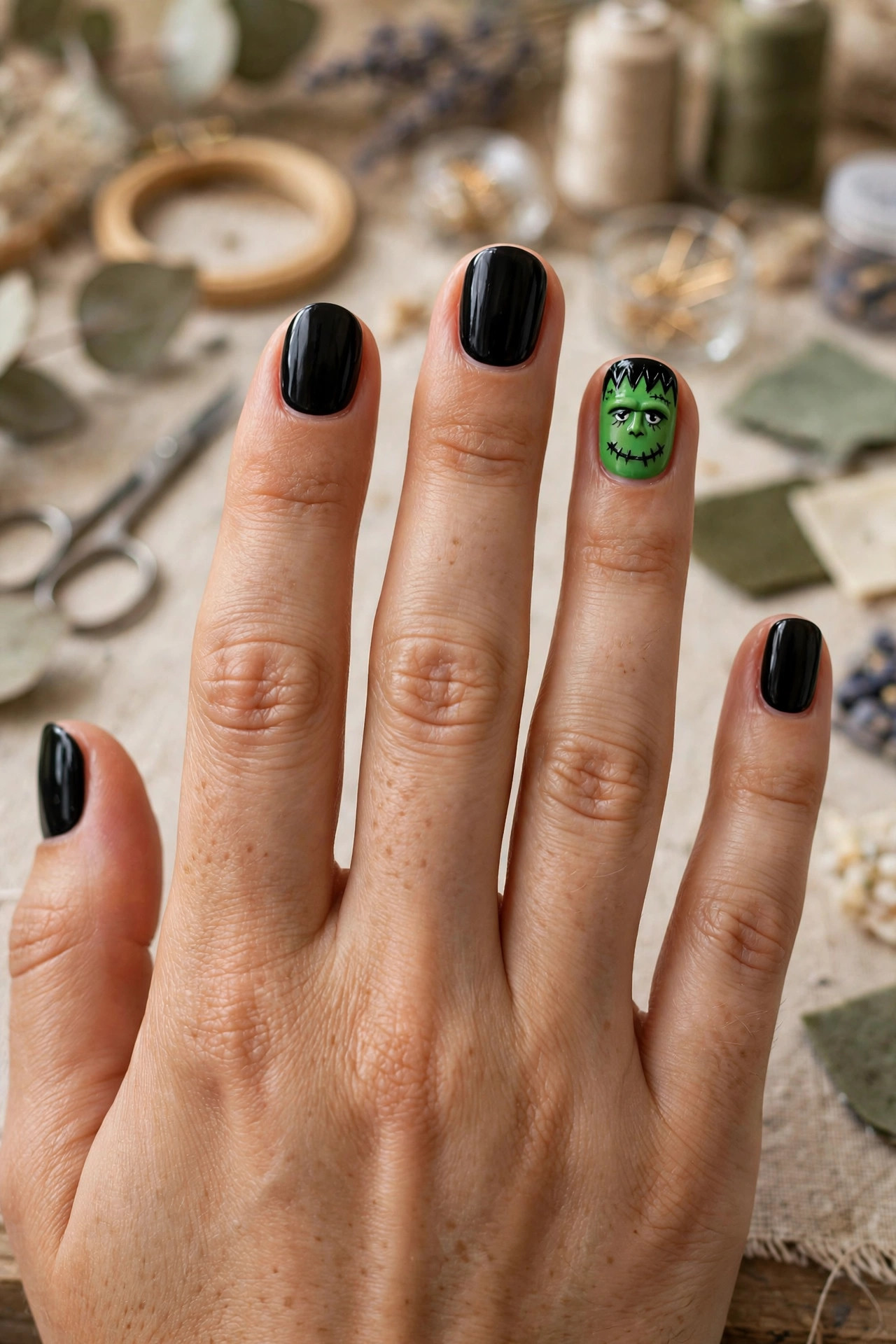 Short oval nails with Frankenstein face nail art in green and black