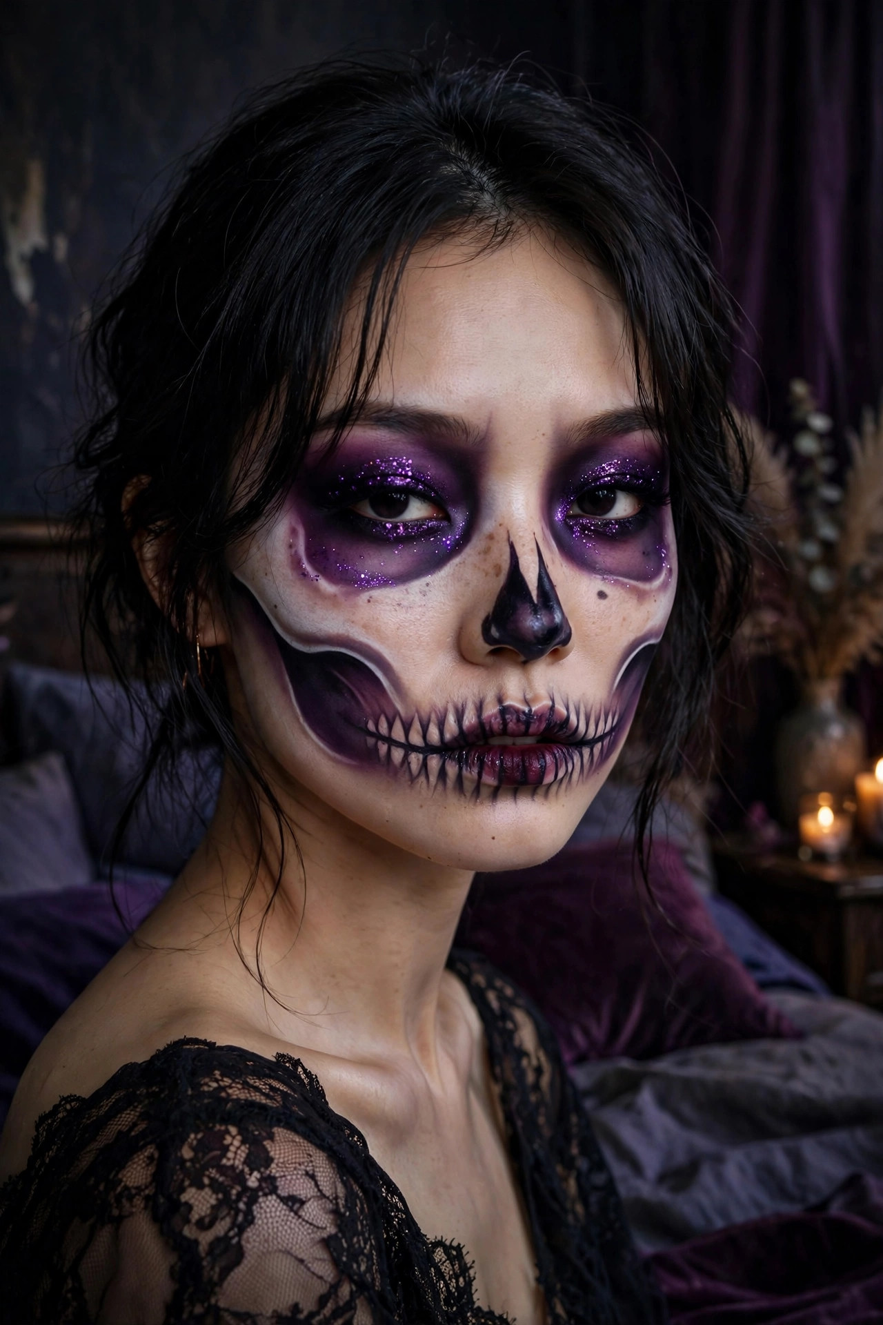 Woman with smoky purple skull Halloween makeup