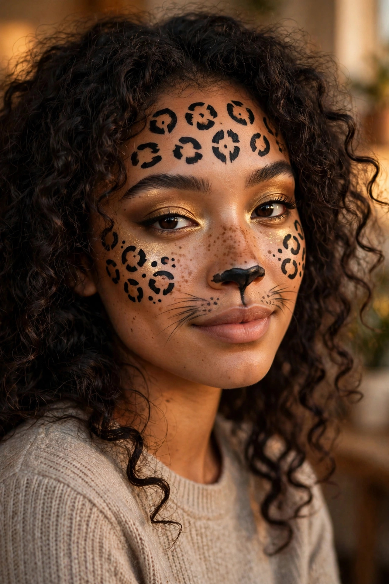 Teen girl with leopard cat Halloween makeup, gold eyeshadow and black spot outlines