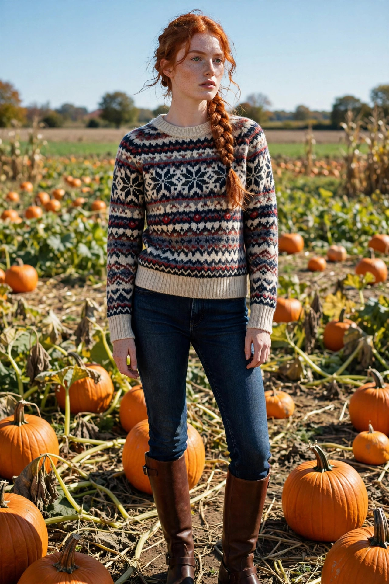 Redhead woman with a side braid wearing a Fair Isle sweater, dark denim and brown riding boots at a pumpkin patch