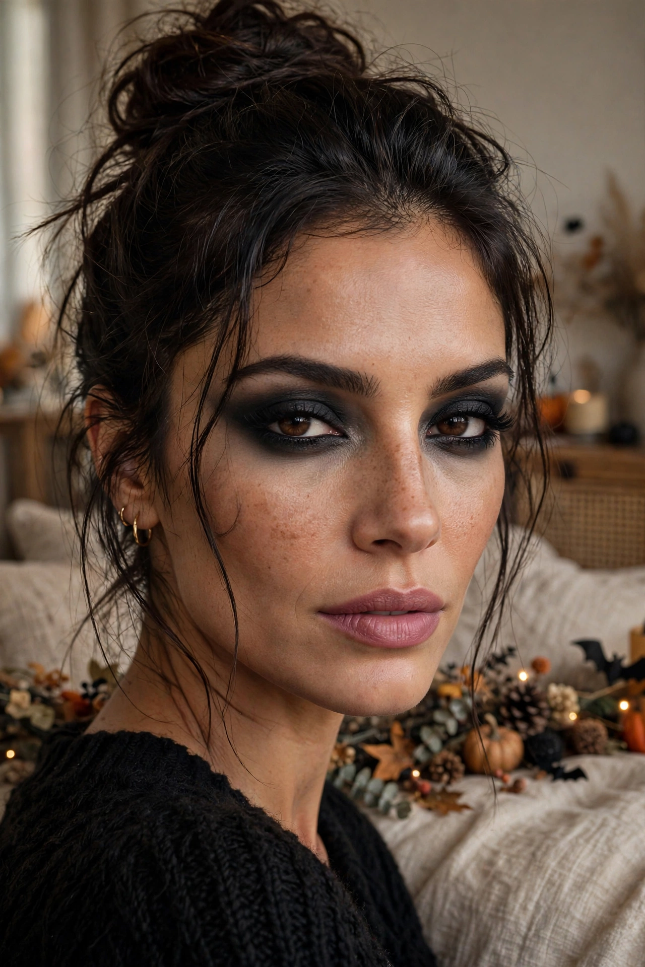 Photorealistic portrait of a woman wearing a dramatic charcoal smoky eye for a Halloween party