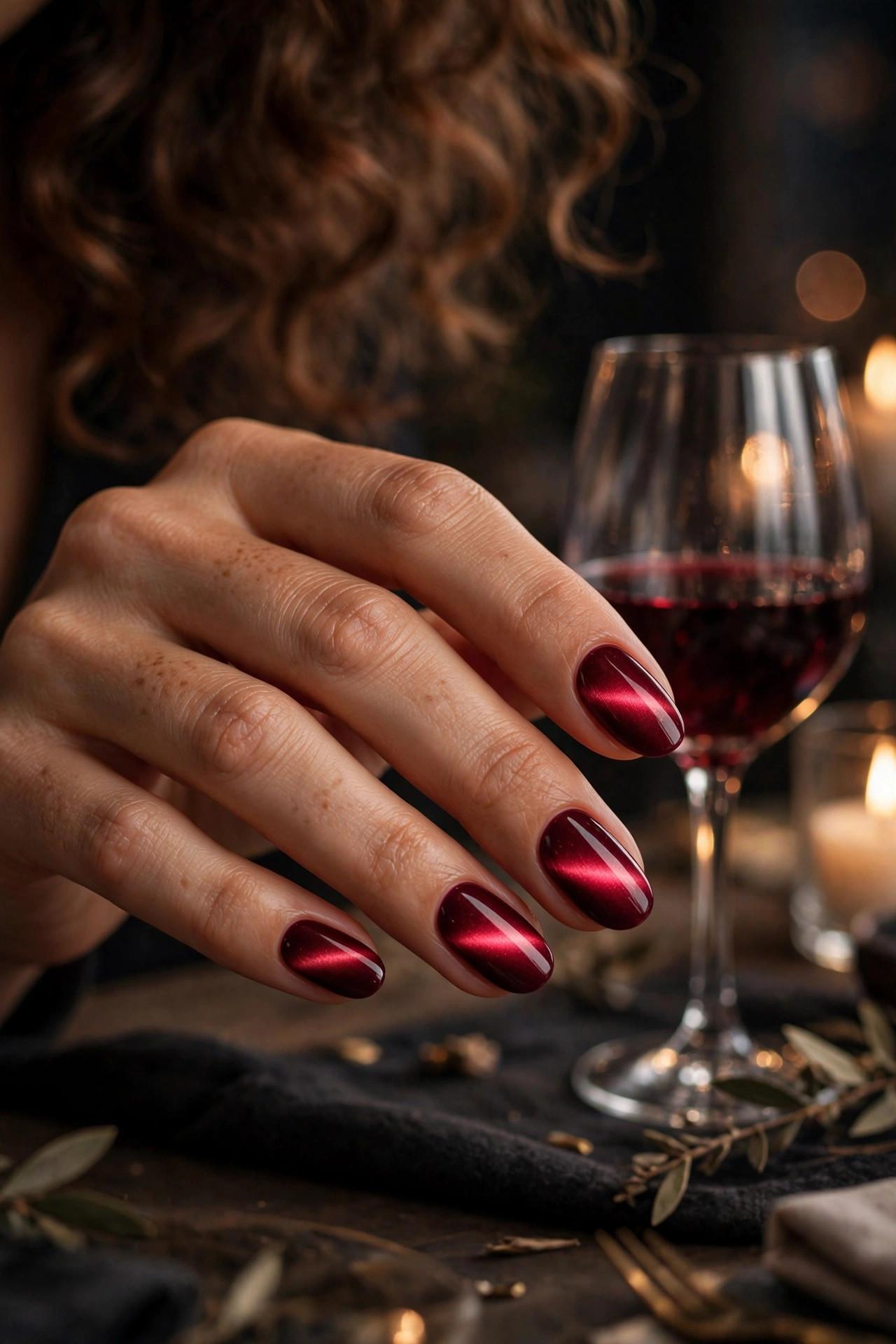 Oval nails in deep burgundy cat eye polish with a glowing magnetic shimmer, hand near a wine glass